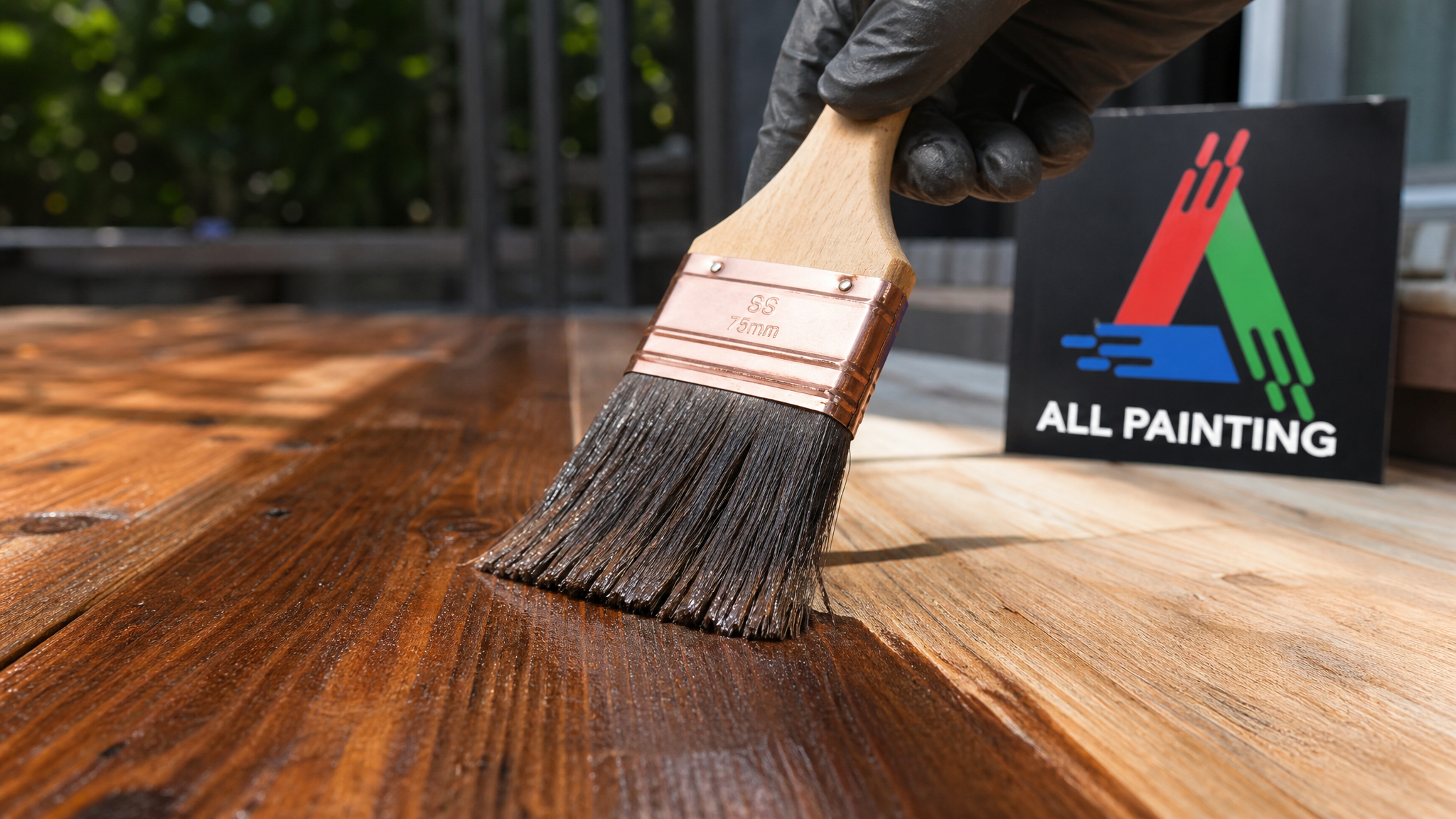 Close-up of penetrating stain soaking into cedar deck wood grain showing rich colour and visible texture