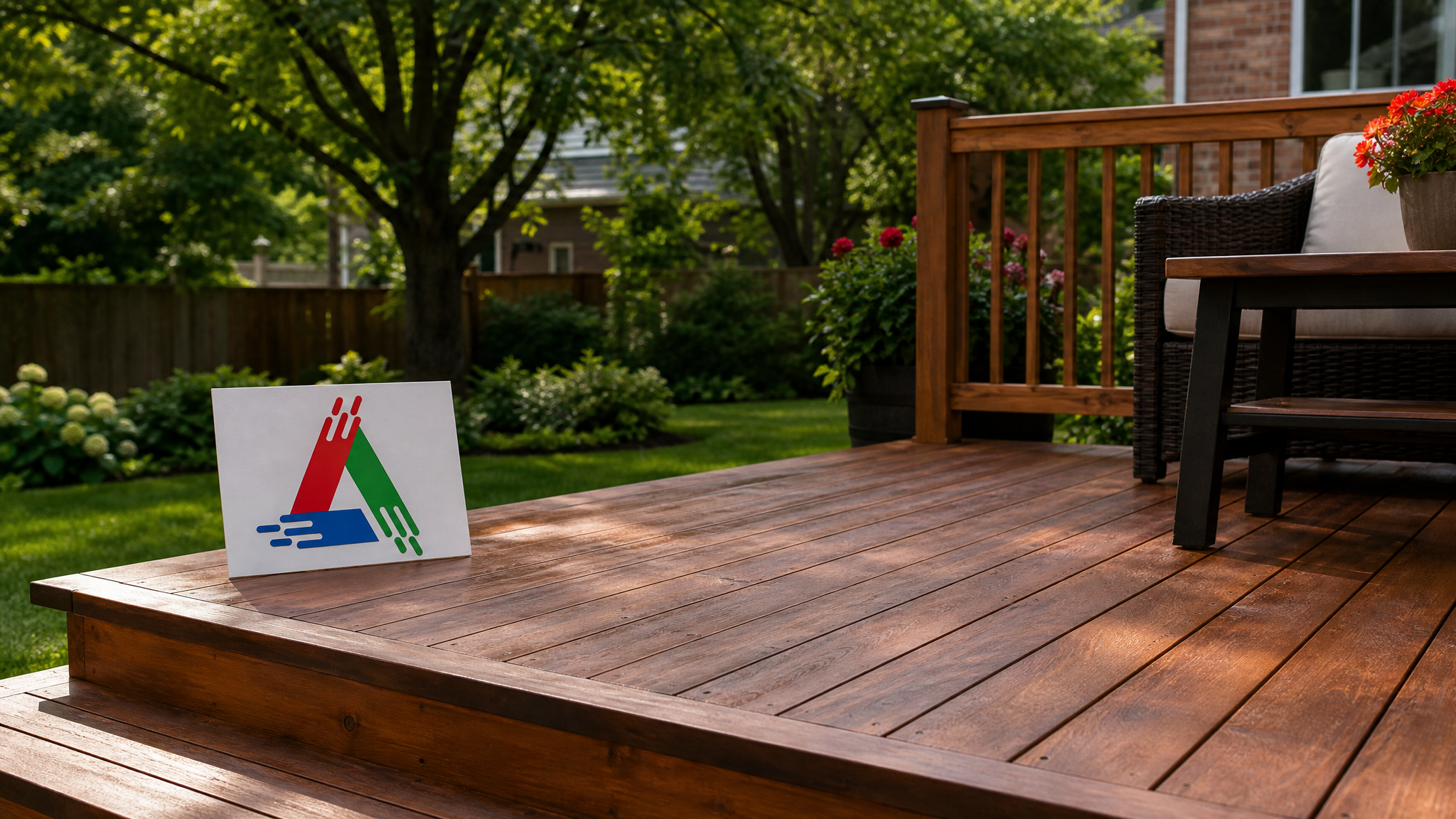 Freshly stained cedar backyard deck in a Toronto home glowing in warm summer daylight