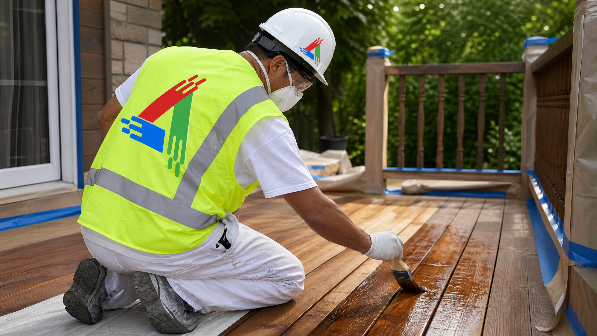 Professional All Painting painter in a respirator and gloves brushing stain onto a Toronto deck with drop sheets protecting the surrounding area