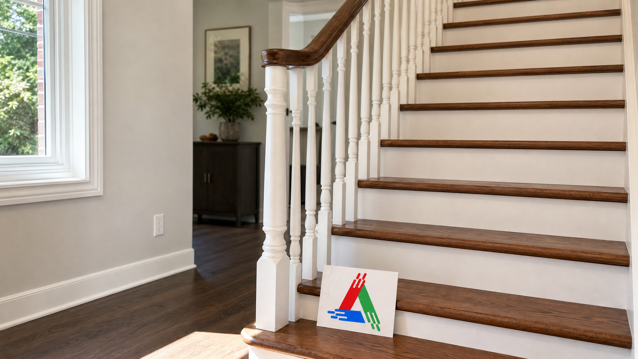 Freshly refinished staircase in a Toronto home with white risers, stained oak treads and crisp white spindles