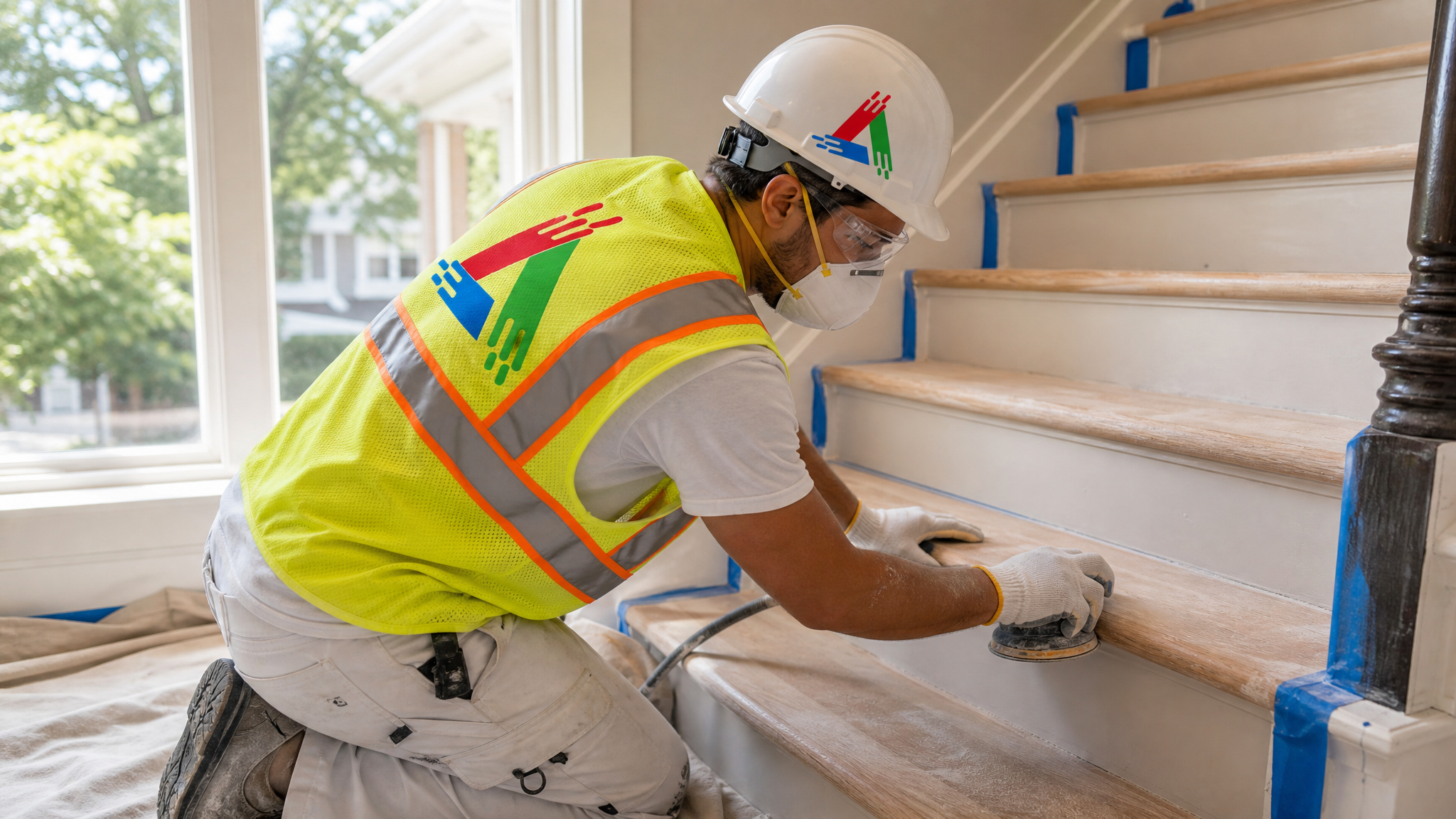 Professional painter in a respirator and gloves sanding staircase treads with drop sheets protecting the floor