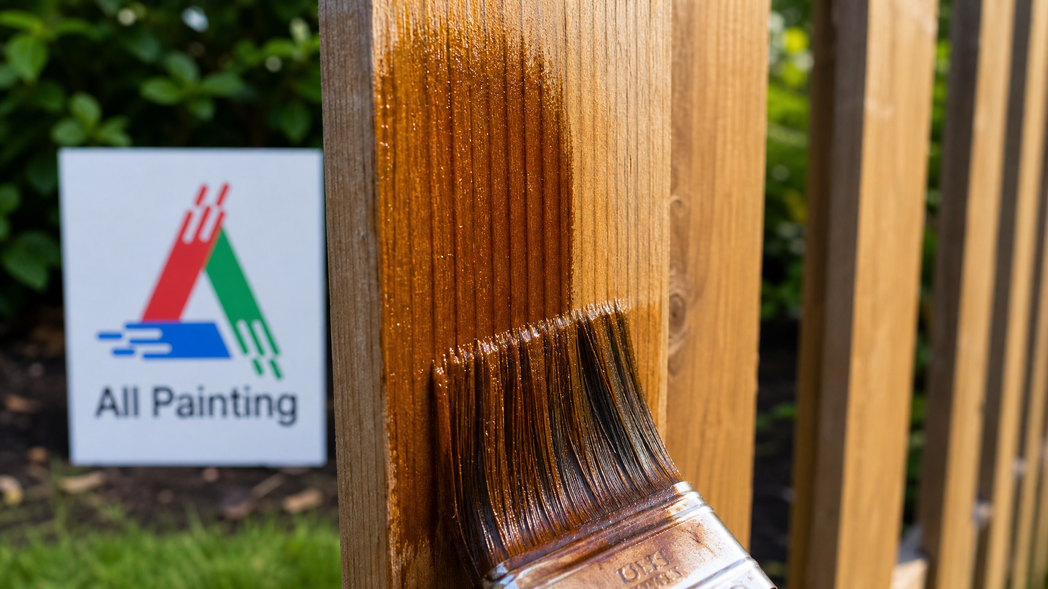 Close-up of stain penetrating the wood grain of a fence board with a brush stroke visible and a small All Painting sign placard nearby