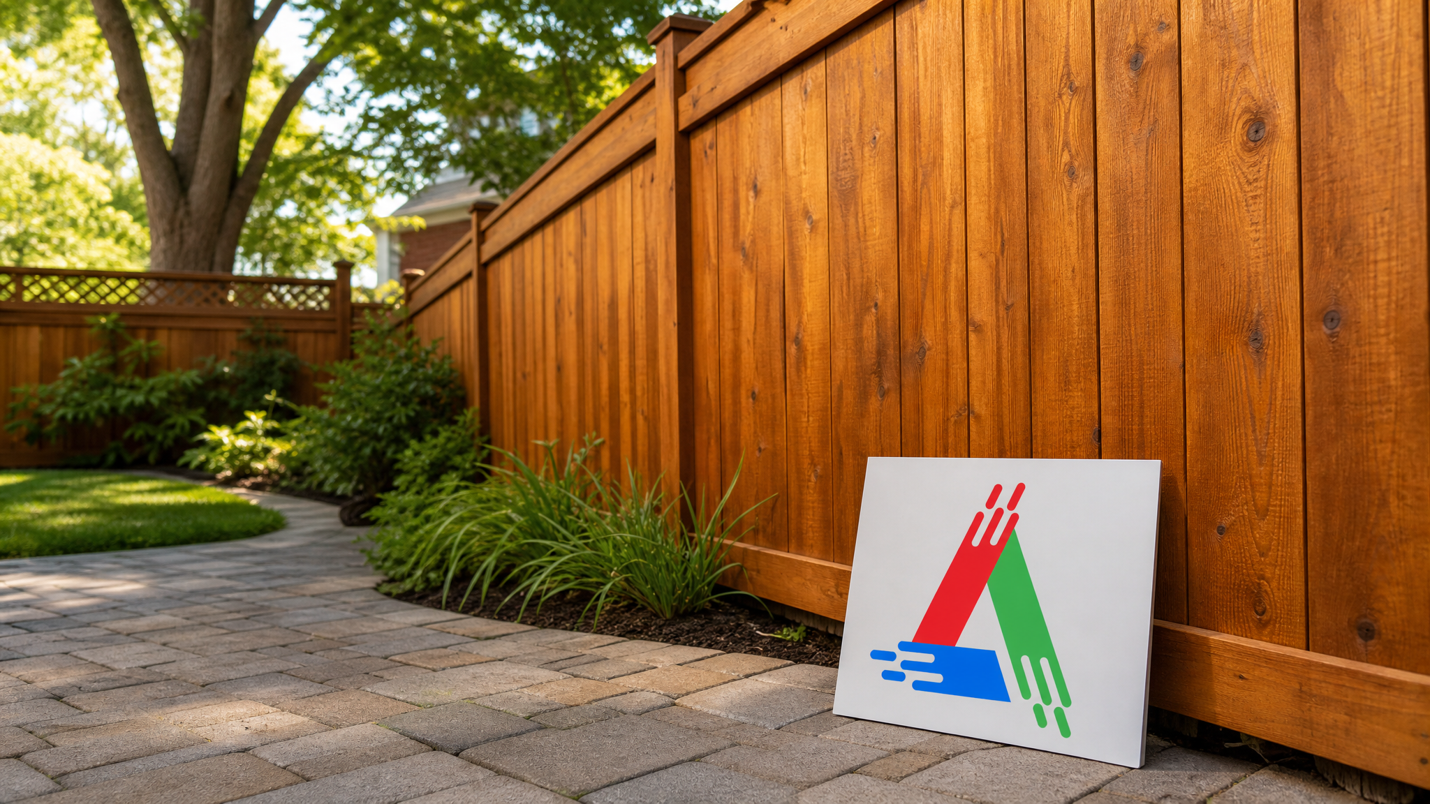 Freshly stained cedar privacy fence in a Toronto backyard with rich warm tone and a small All Painting sign placard nearby
