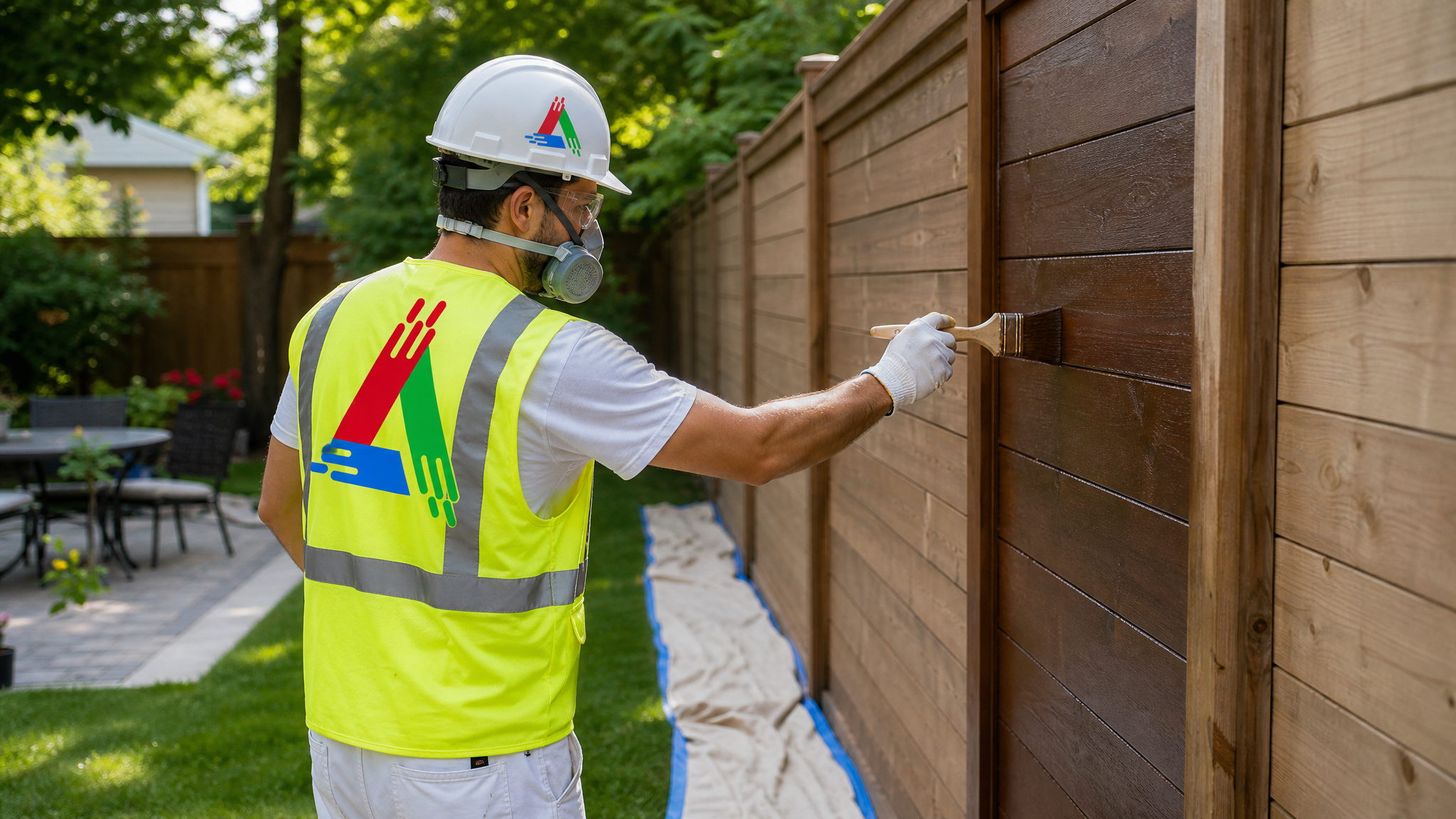 Professional All Painting painter in a respirator, safety glasses and gloves brushing stain onto a wood fence with drop sheets protecting the ground