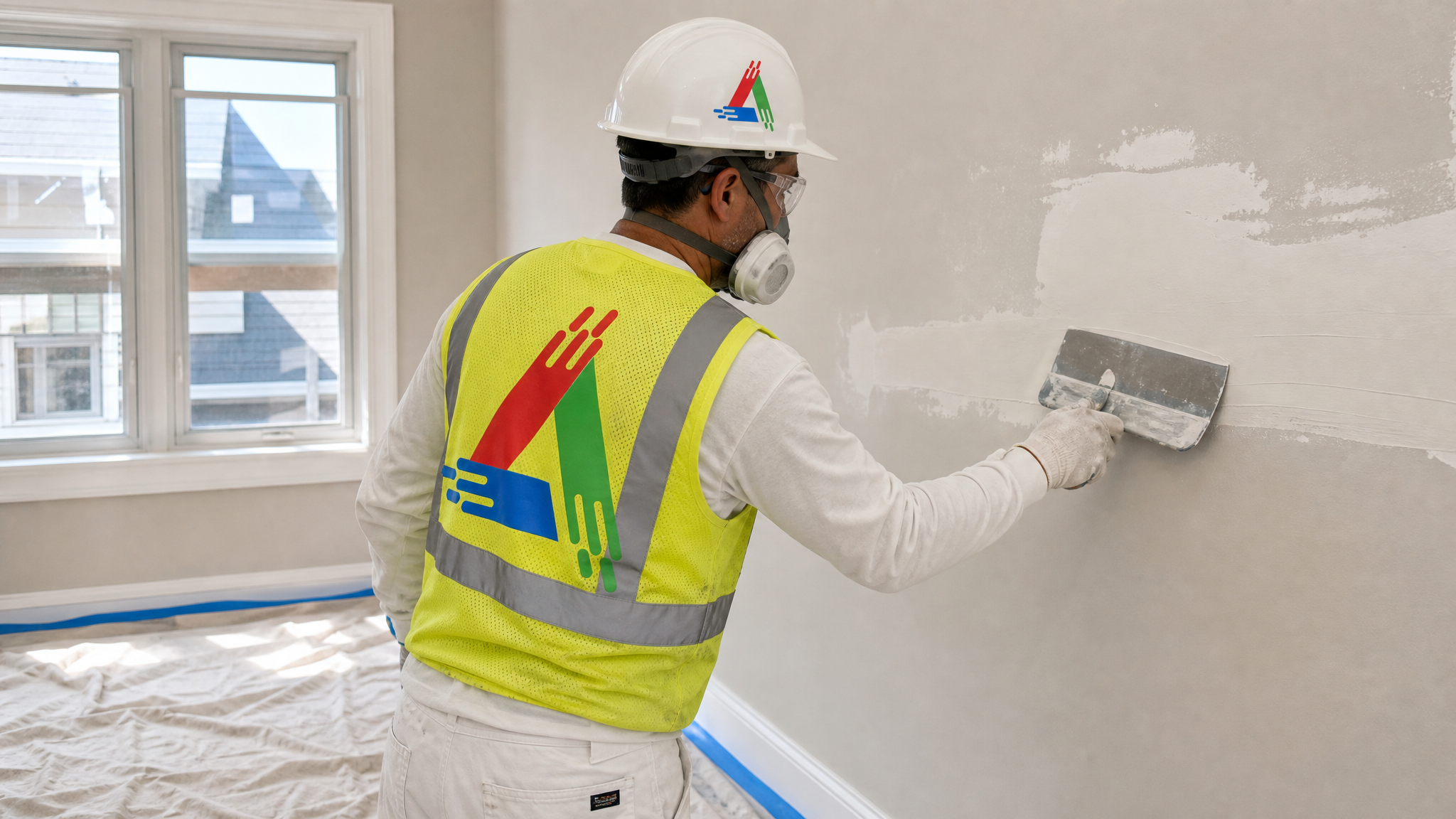 Professional All Painting drywall technician in a respirator and safety glasses feathering joint compound over a wall patch with drop sheets protecting the floor