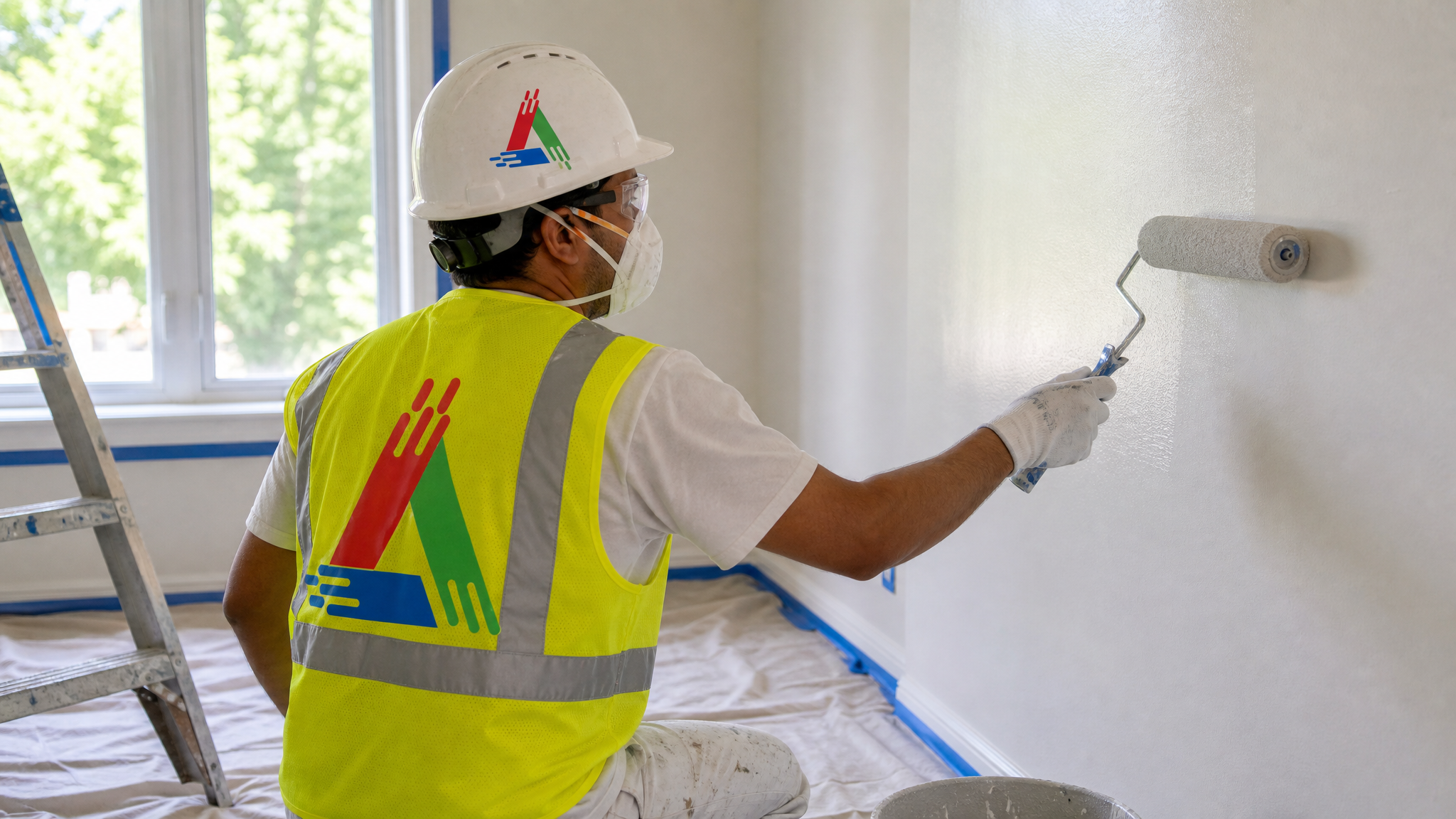 Professional painter in painter's attire, respirator, safety glasses and gloves rolling a wall with drop sheets and painter's tape protecting the floor