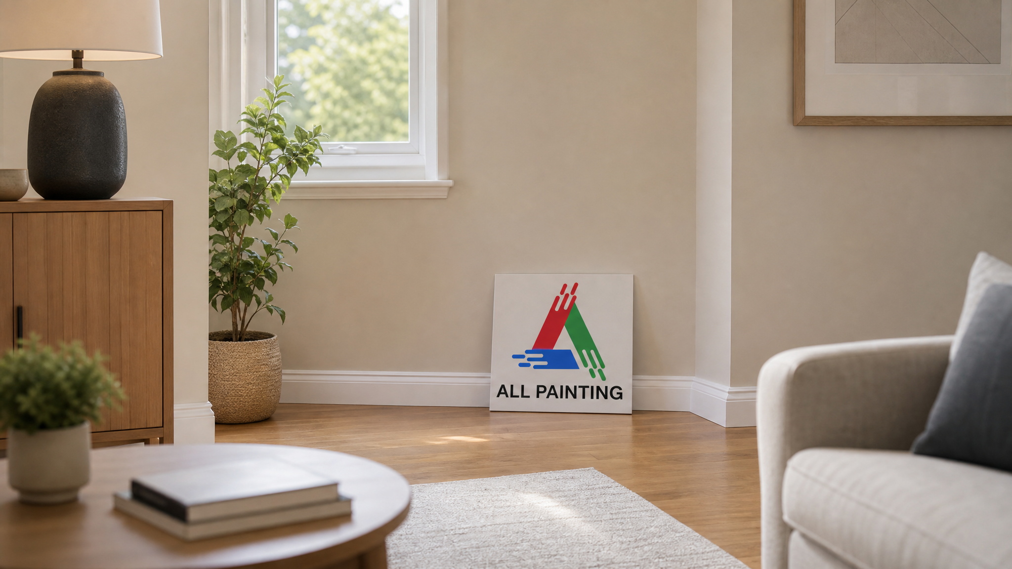Freshly painted bright Toronto living room with crisp white trim and warm neutral walls