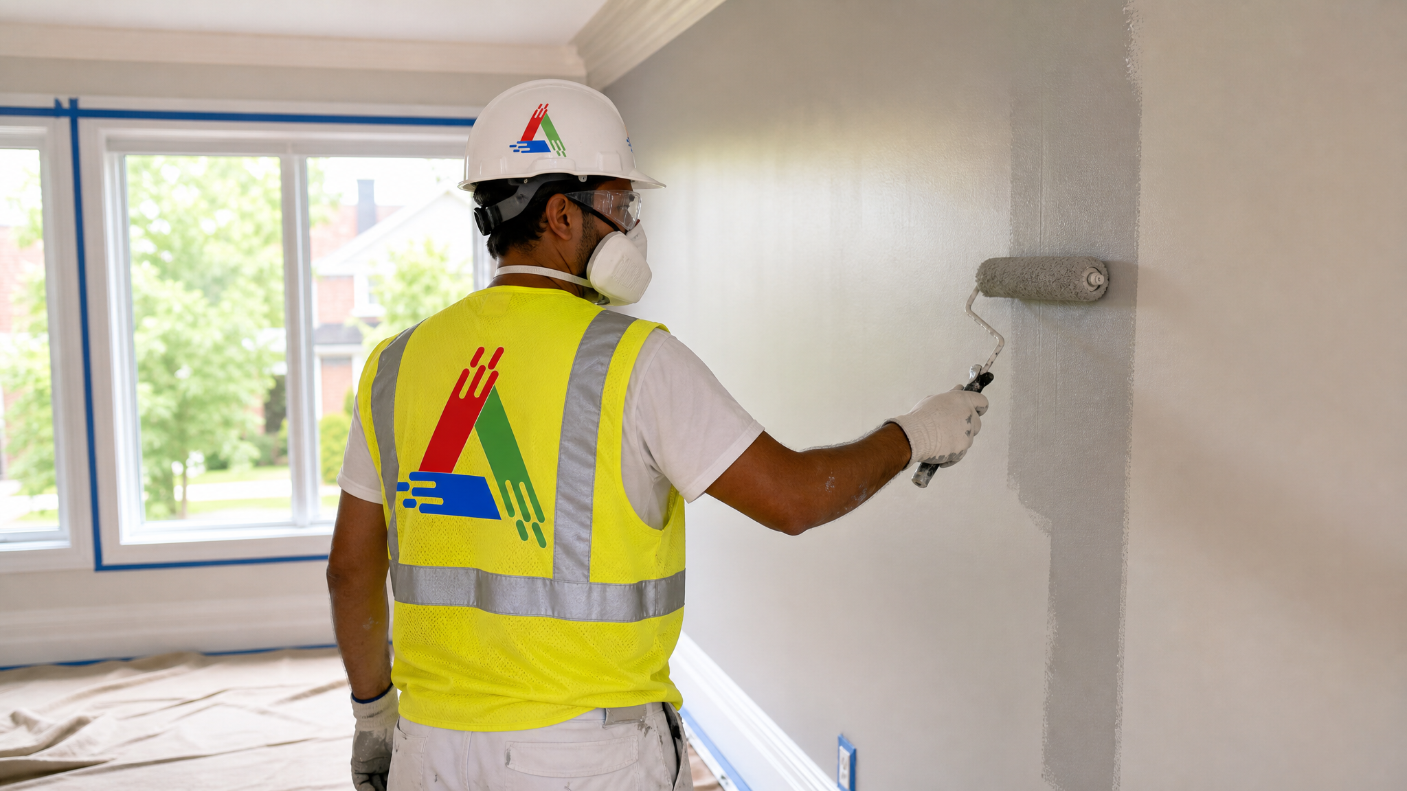 Professional painter in a respirator and safety glasses rolling paint onto a wall with floors protected by drop sheets