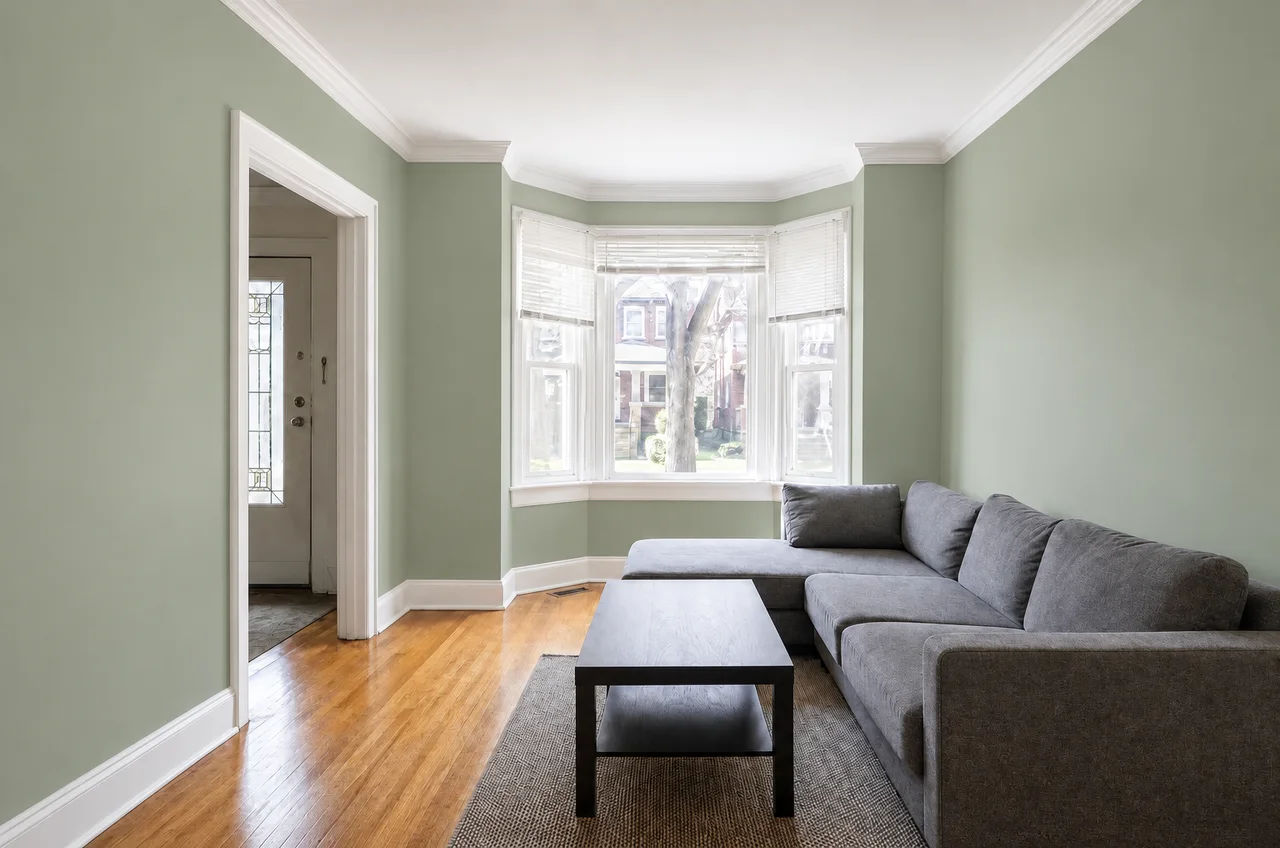 AI render: a living room with the walls painted sage green