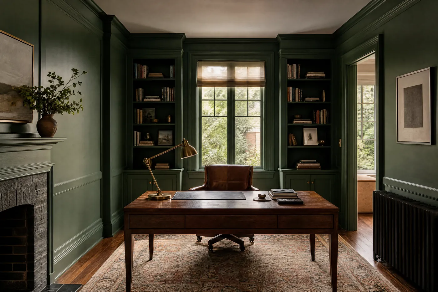 Home office with freshly painted deep green panelling