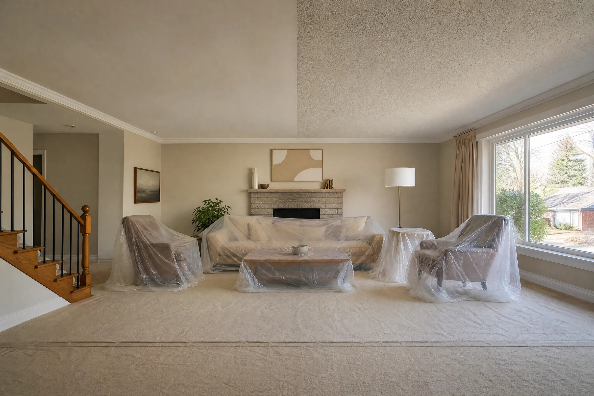 Living room ceiling part-way through popcorn removal, half textured and half smooth