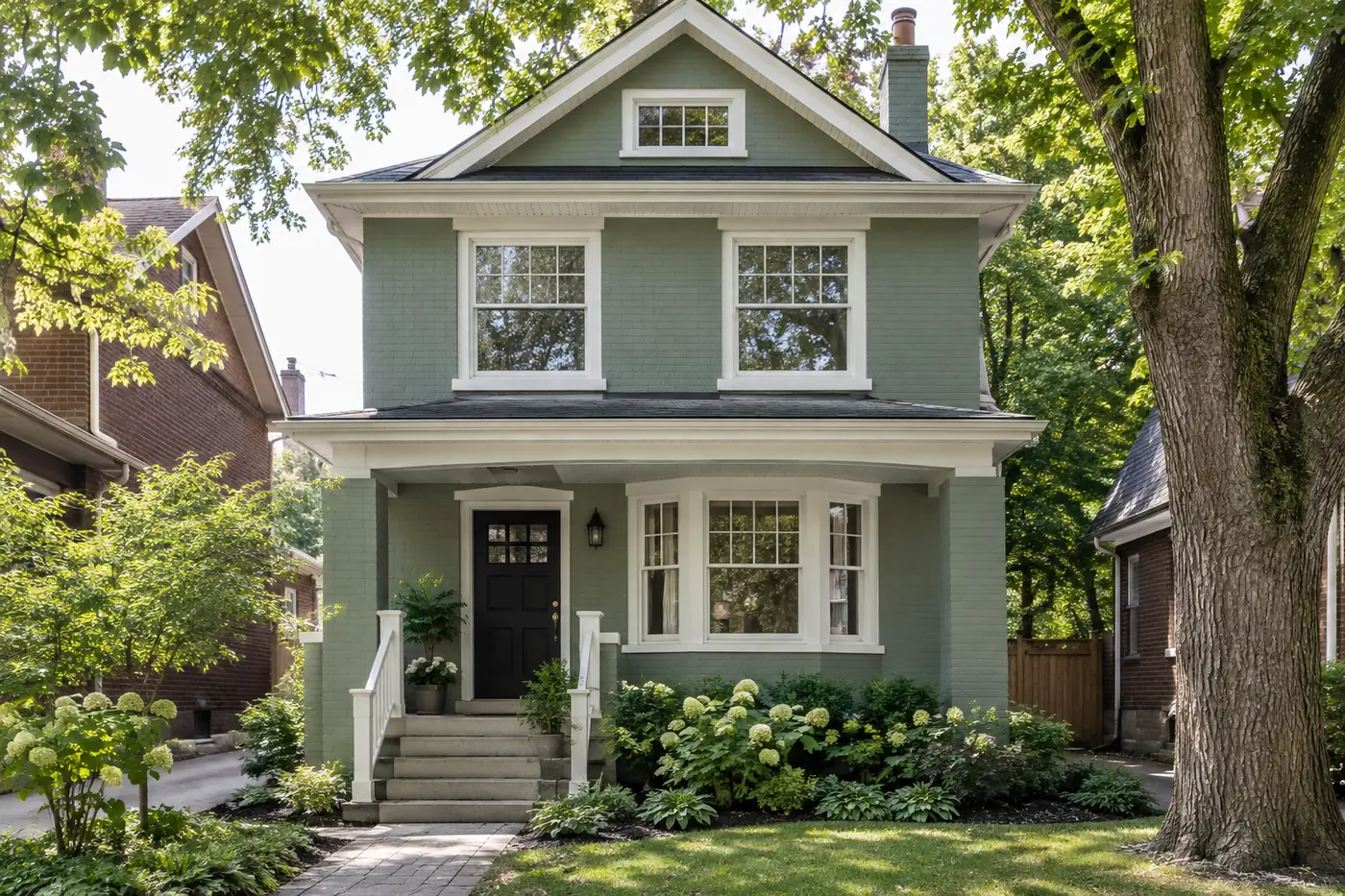 Two-storey brick house professionally painted soft sage green with white trim