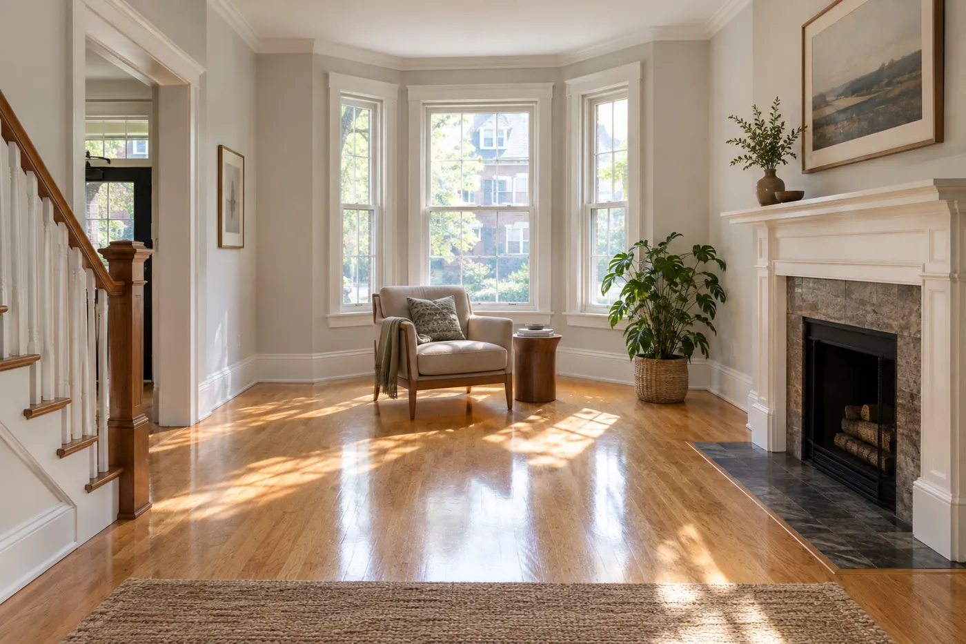 Living room with a freshly sanded and refinished oak floor