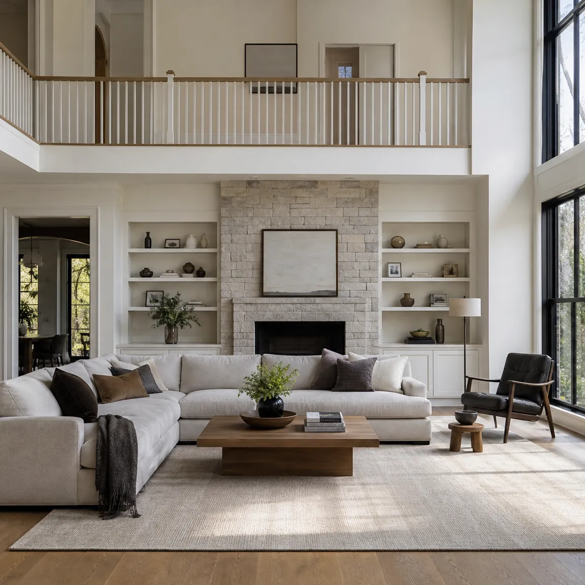 Bright great room of a custom home freshly painted warm white throughout