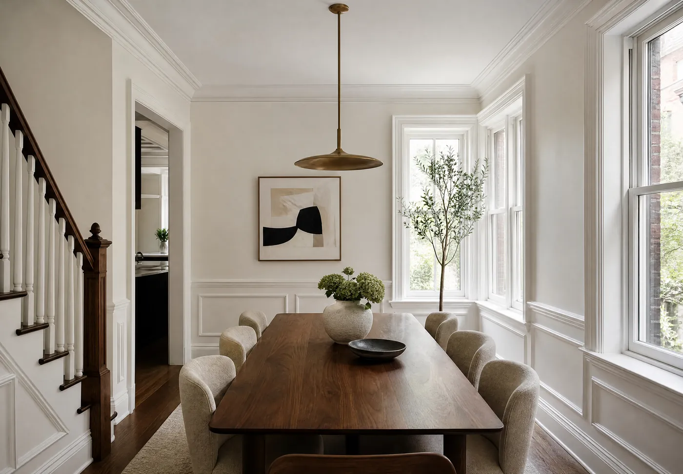 Victorian dining room freshly painted warm white with crisp white wainscot and trim