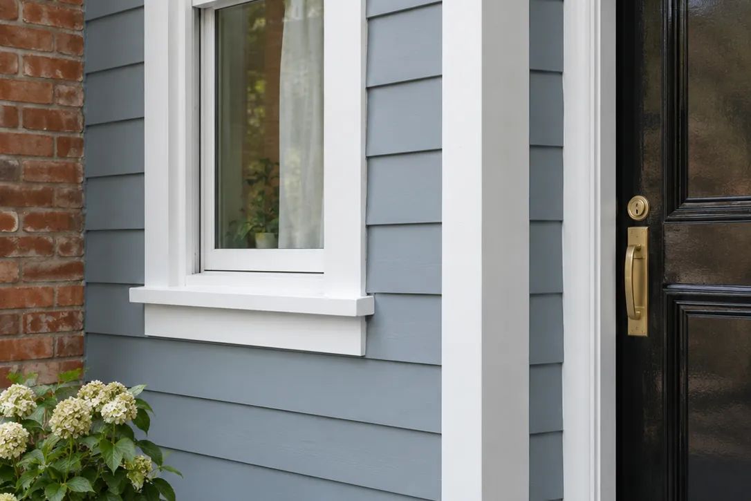 Freshly painted blue-grey siding, white semi-gloss trim and a glossy black front door