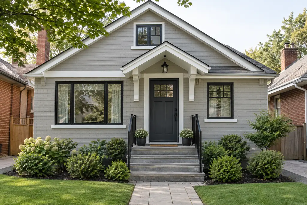 Brick bungalow with its old paint freshly redone in light warm grey
