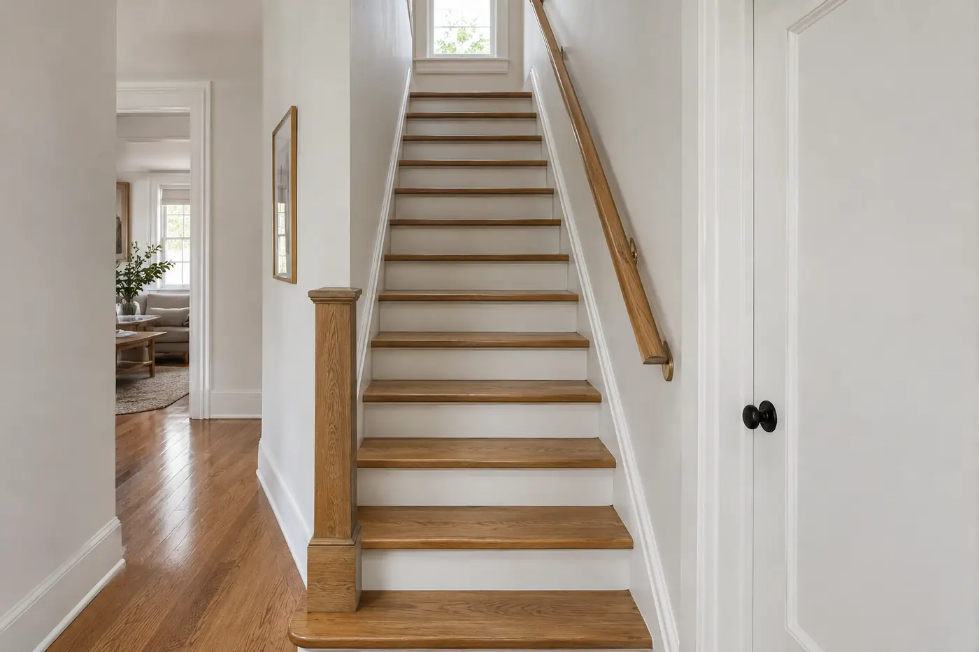 Closed staircase with refinished oak treads, white risers and a wall handrail