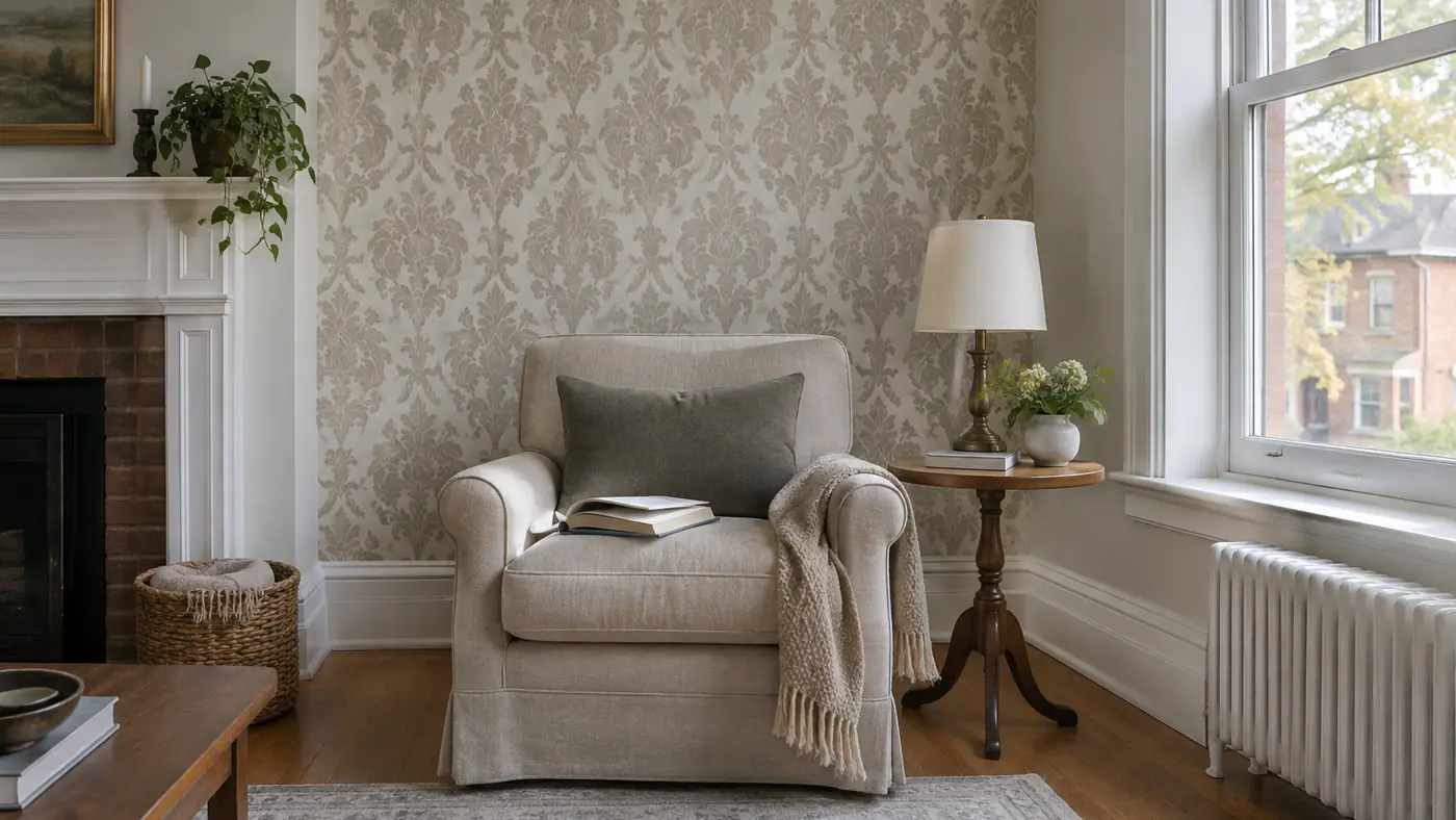 Living room wall freshly hung in a soft cream and taupe damask wallpaper