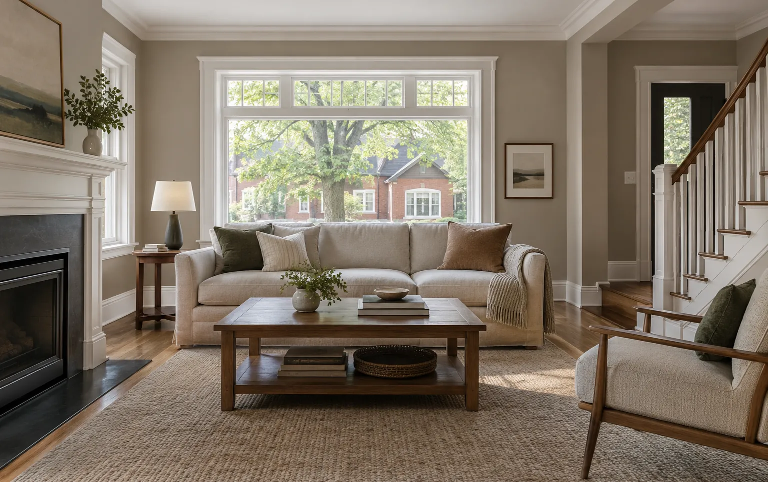Family room freshly painted warm greige with crisp white trim