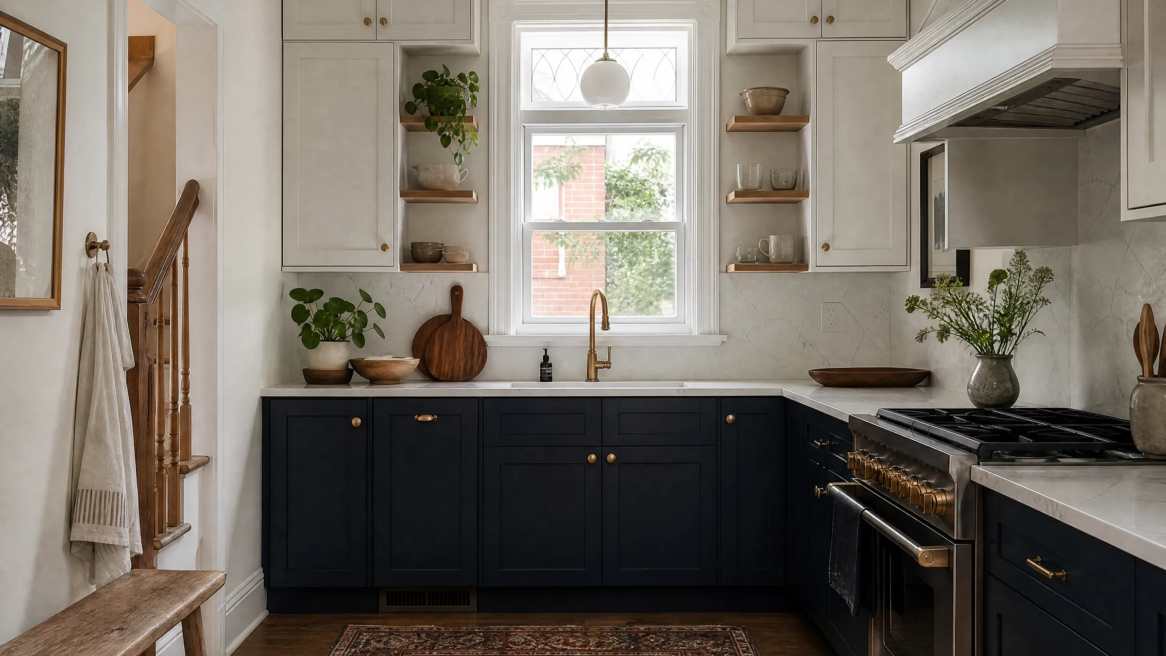 Kitchen with freshly painted navy lower cabinets and white uppers