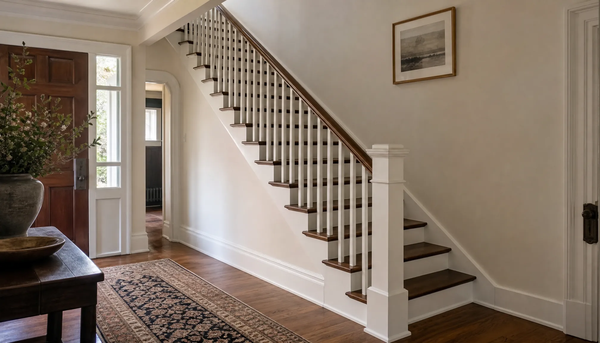 Front-hall staircase with walnut-stained treads, white risers and white balusters