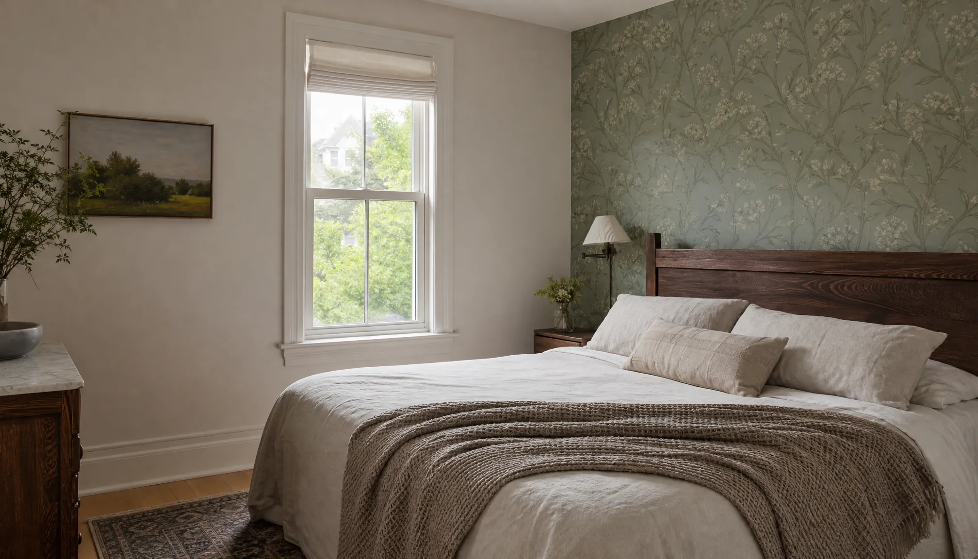 Bedroom with a freshly hung green botanical wallpaper feature wall