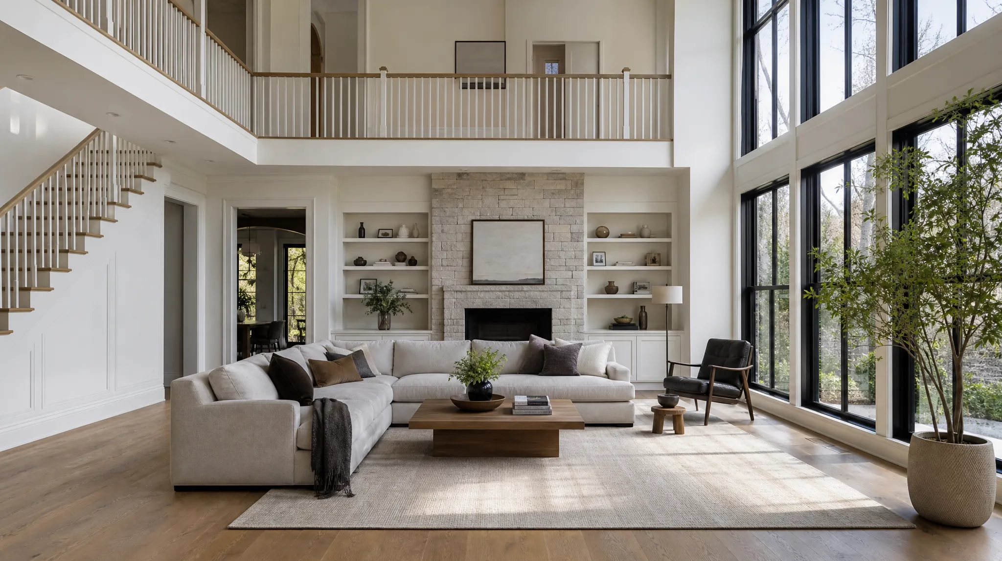 Bright great room of a custom home freshly painted warm white throughout