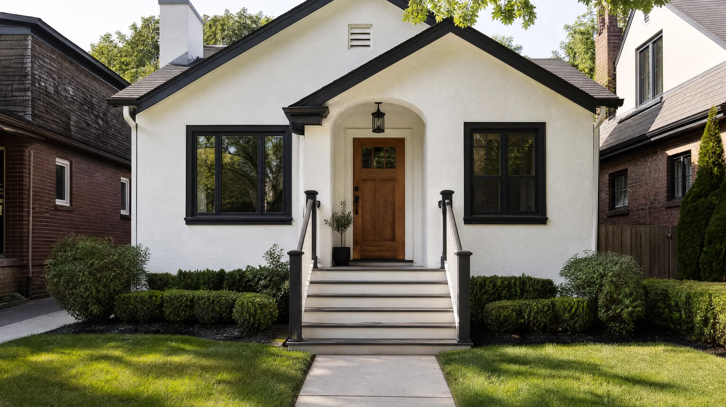 1950s stucco bungalow freshly painted warm white with charcoal trim