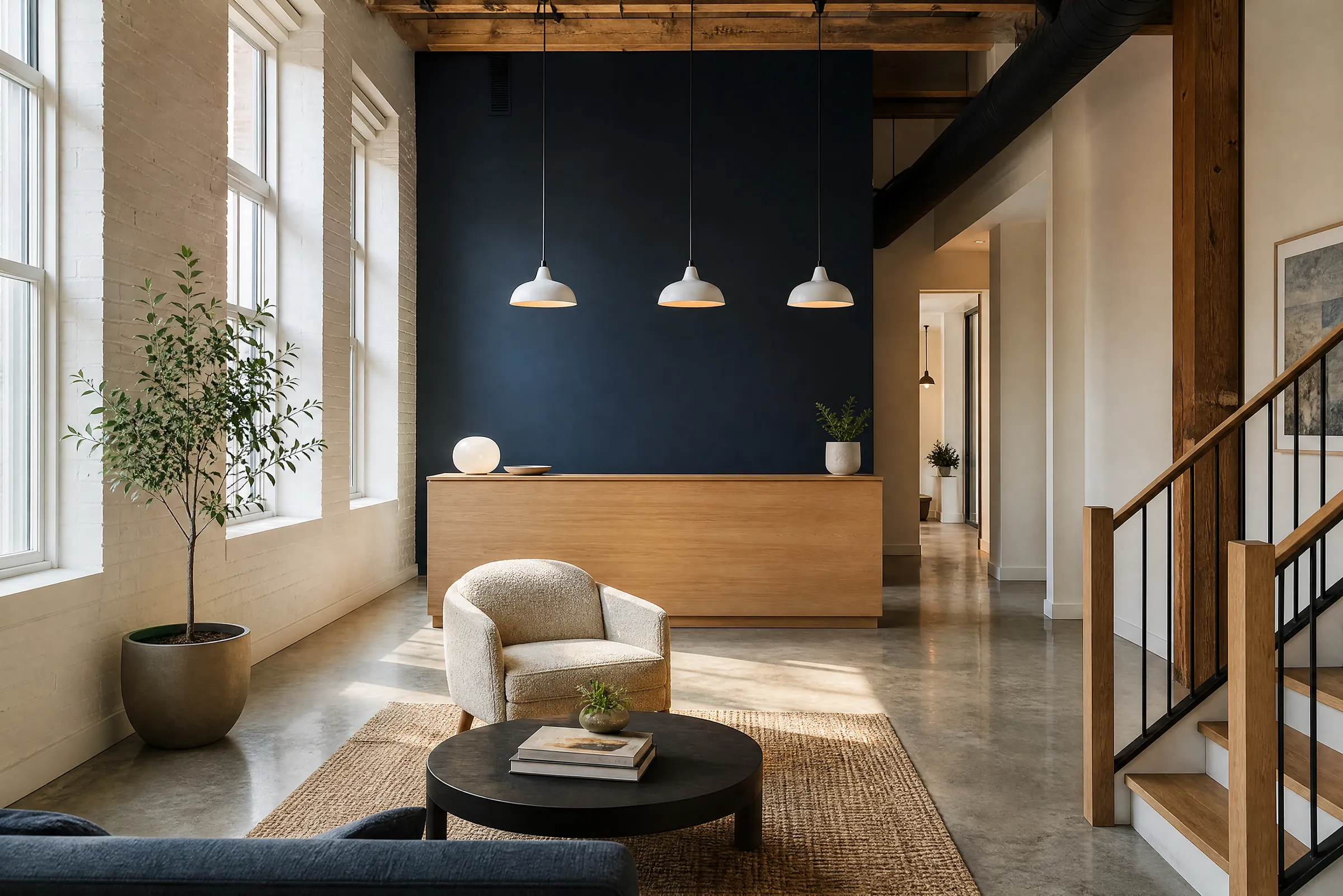 Office reception freshly painted warm white with a deep navy accent wall