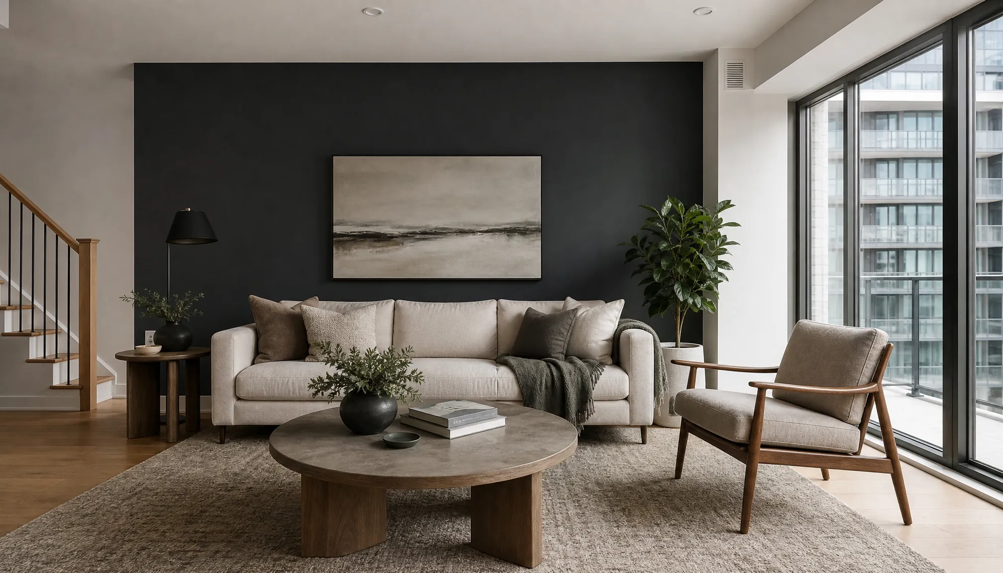Condo living room with a fresh charcoal accent wall and crisp white walls