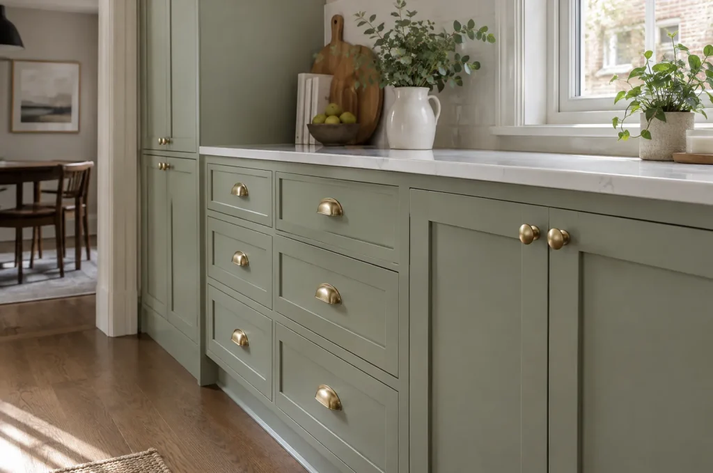 Shaker cabinet doors and drawers freshly painted sage green with brass pulls