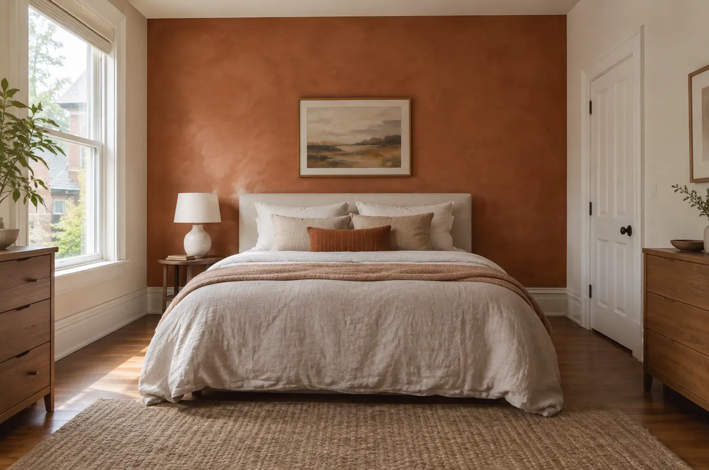 Bedroom feature wall in a warm terracotta limewash finish