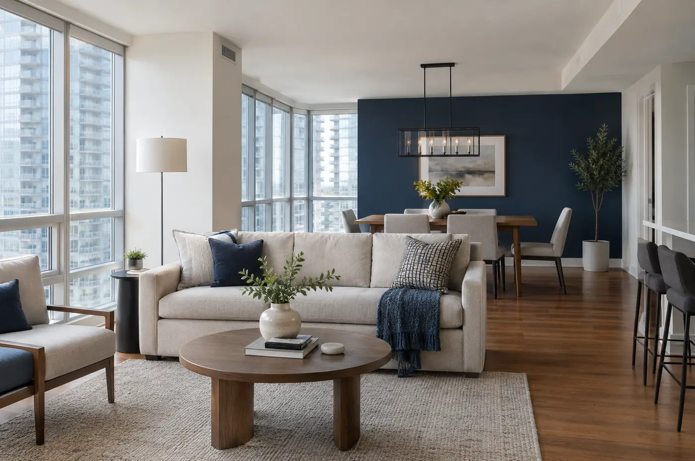 Condo living and dining area with a freshly painted navy accent wall