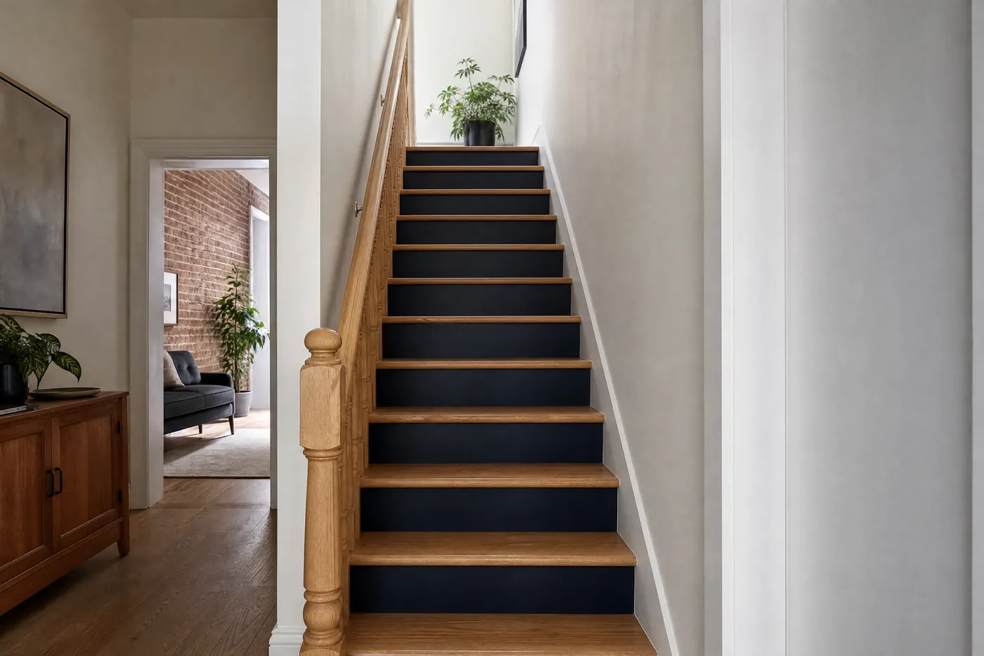 Staircase with freshly painted navy risers and natural oak treads