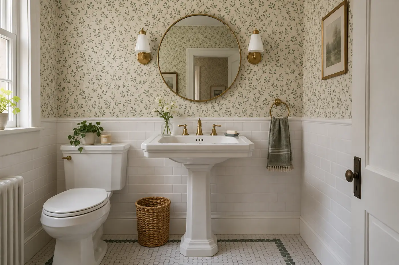 Bathroom with a freshly hung cream and green leaf wallpaper above white tile