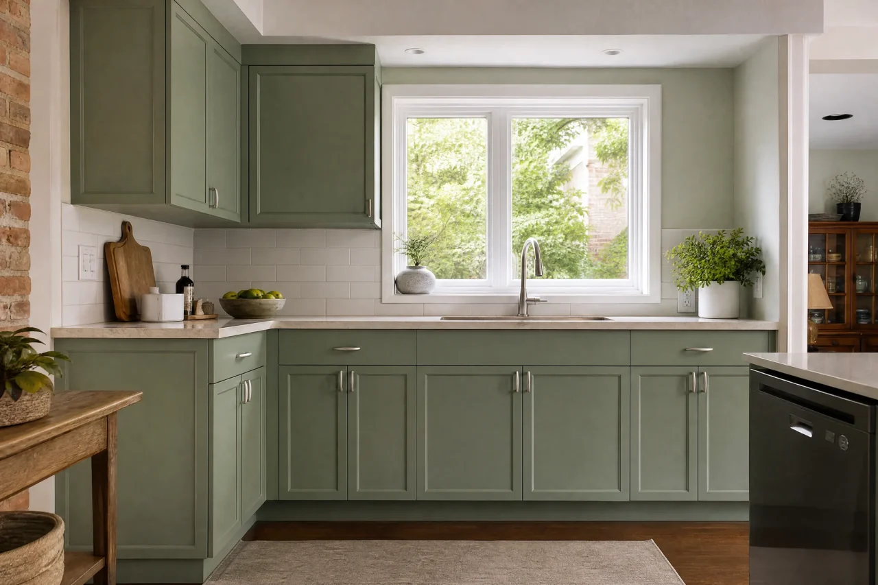 After: the same kitchen with cabinets sprayed soft sage green