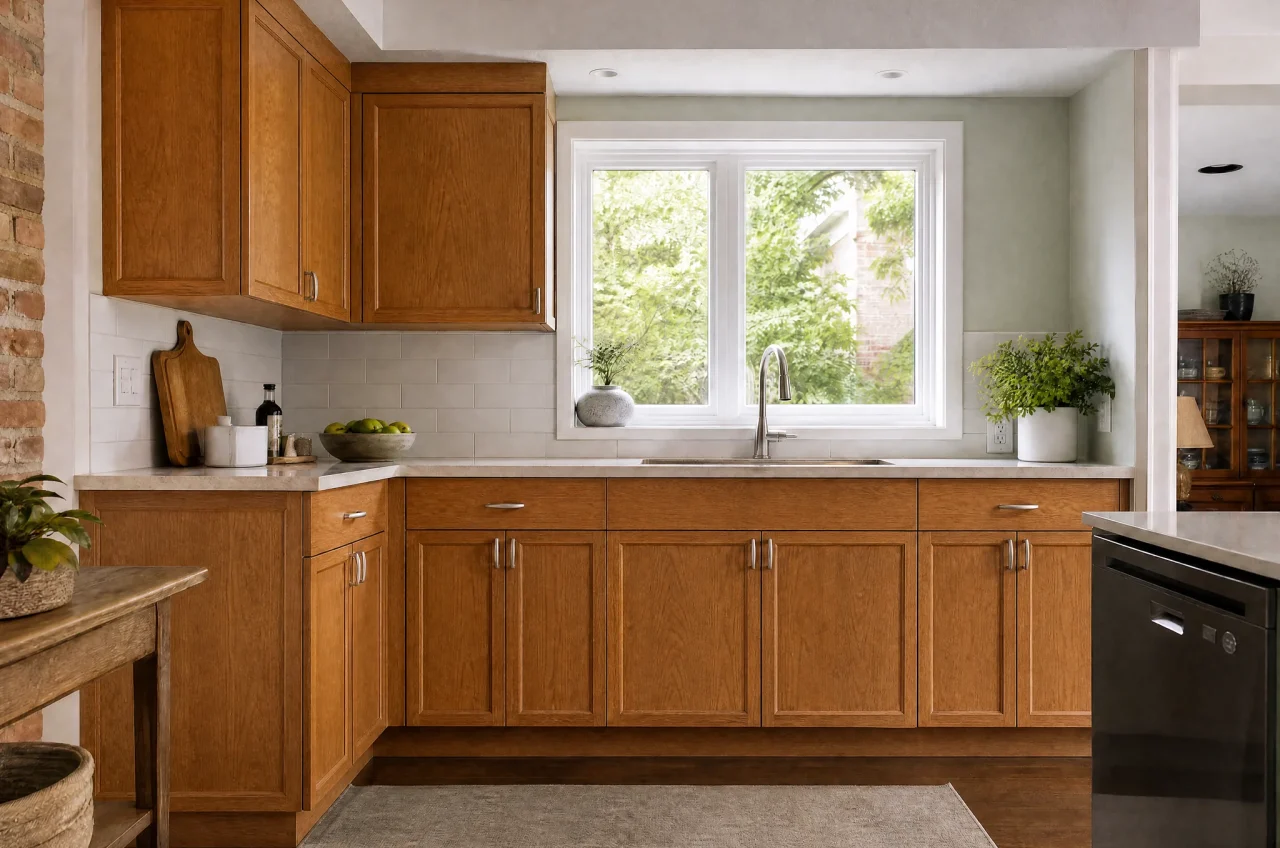 Before: kitchen with dated honey-oak cabinets