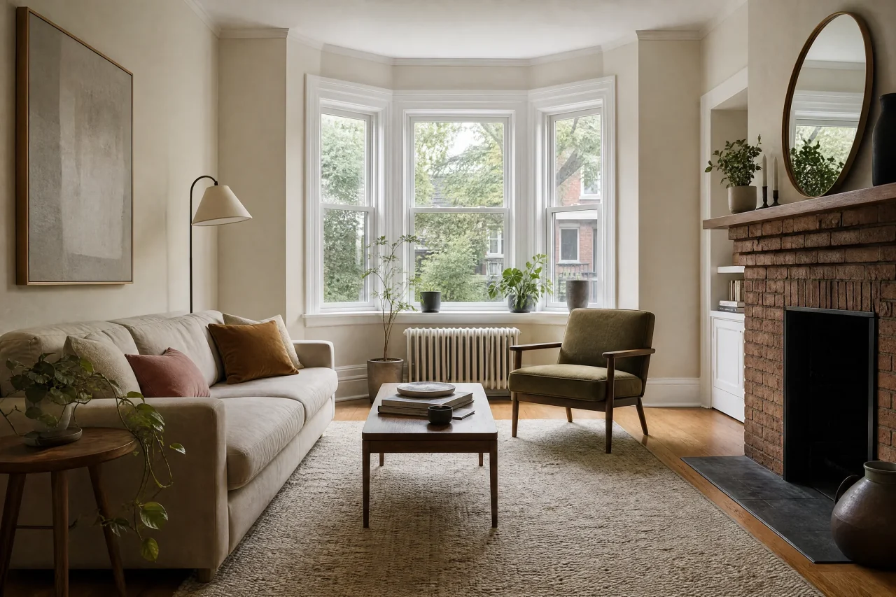 After: the same living room with smooth warm off-white walls and bright white trim