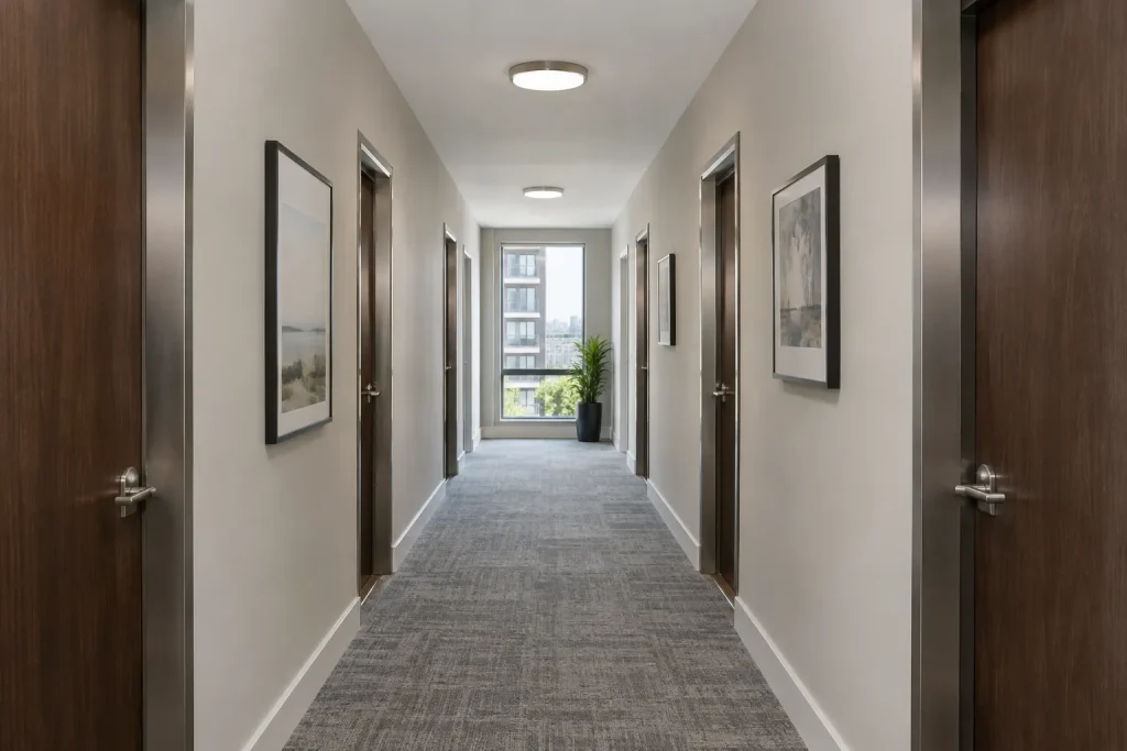 Condo corridor freshly repainted light warm grey with walnut suite doors
