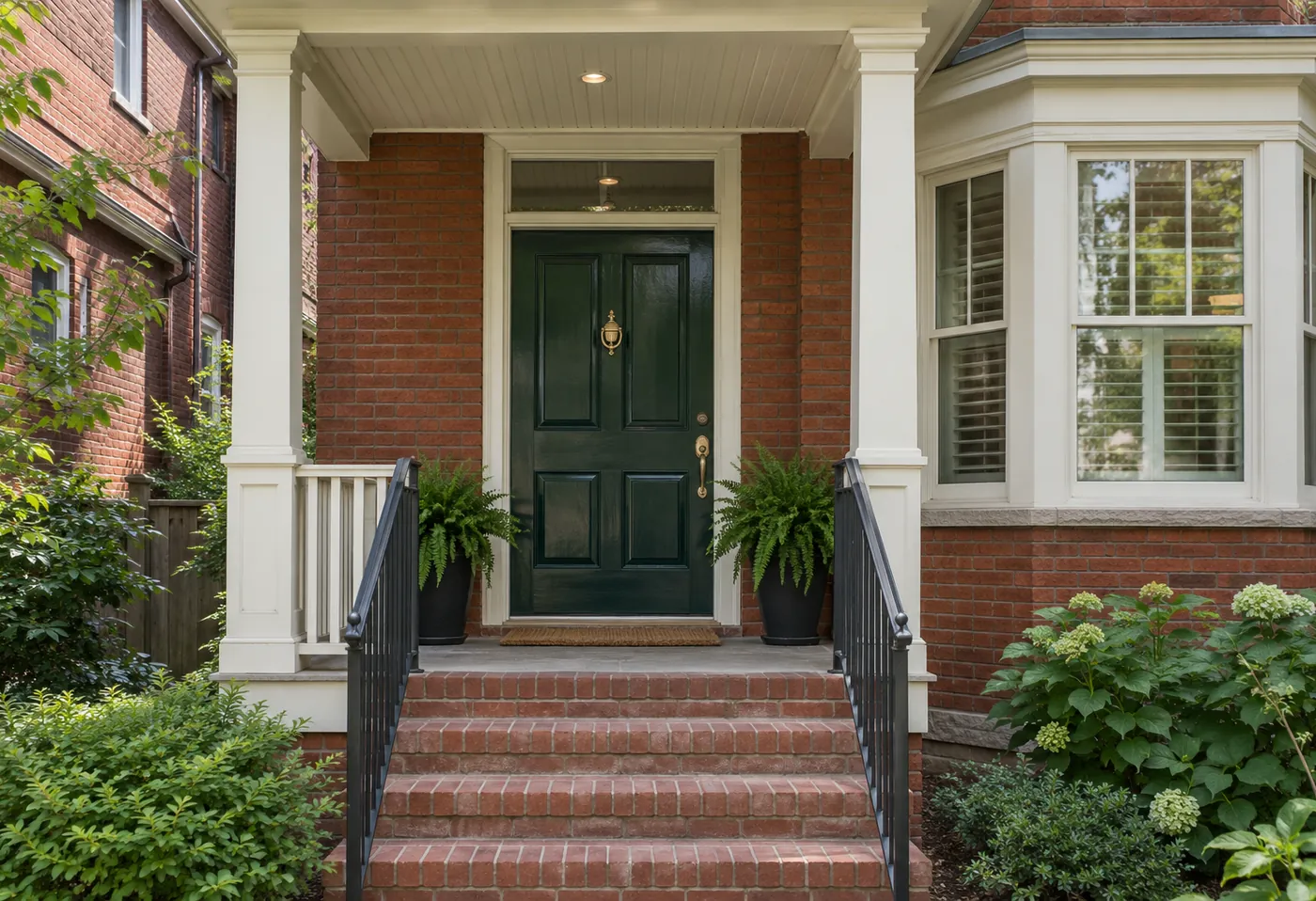 Edwardian brick semi entrance with a freshly painted green door, cream porch and black railings