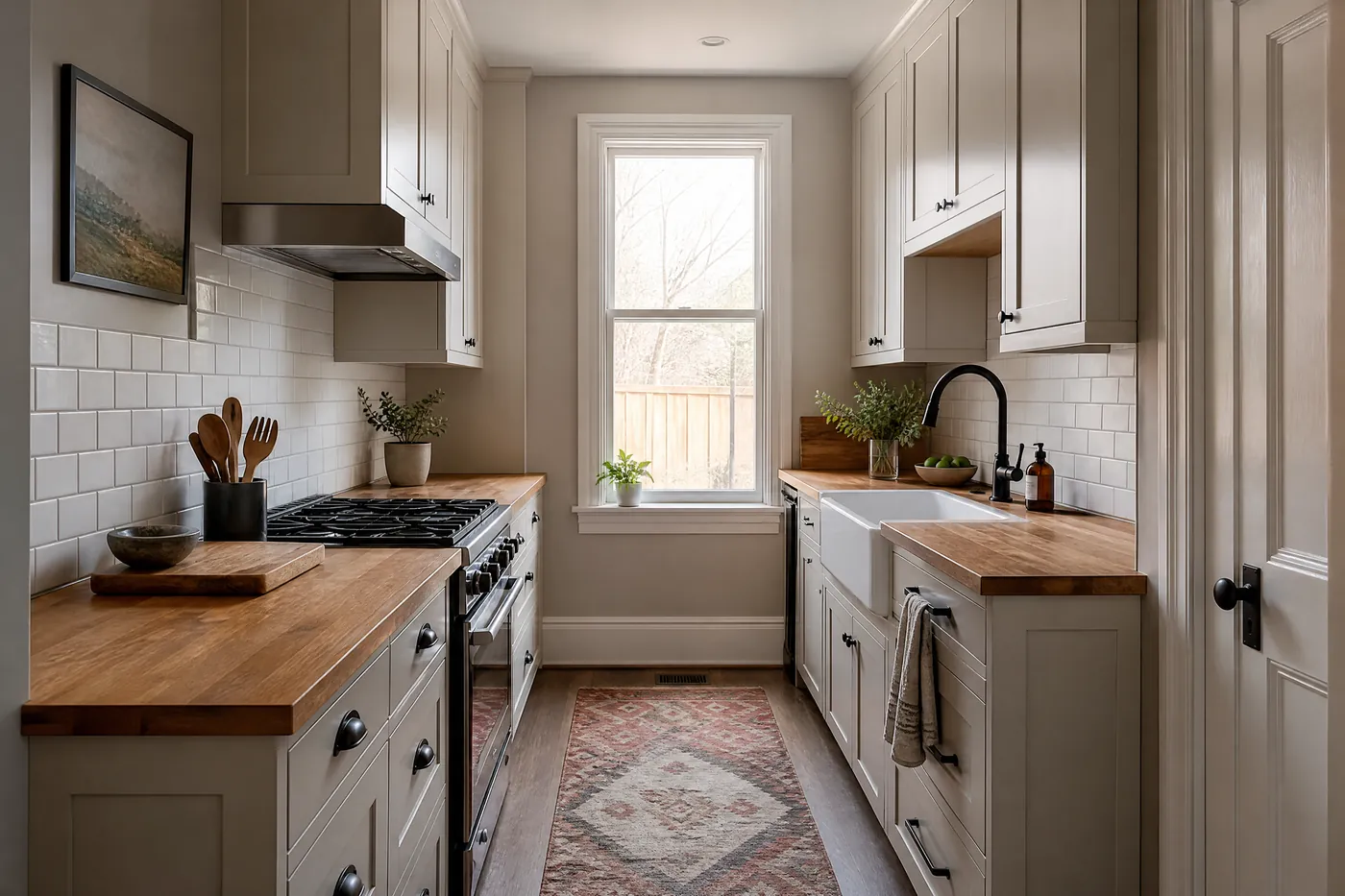 Galley kitchen with freshly painted greige cabinets in an older semi