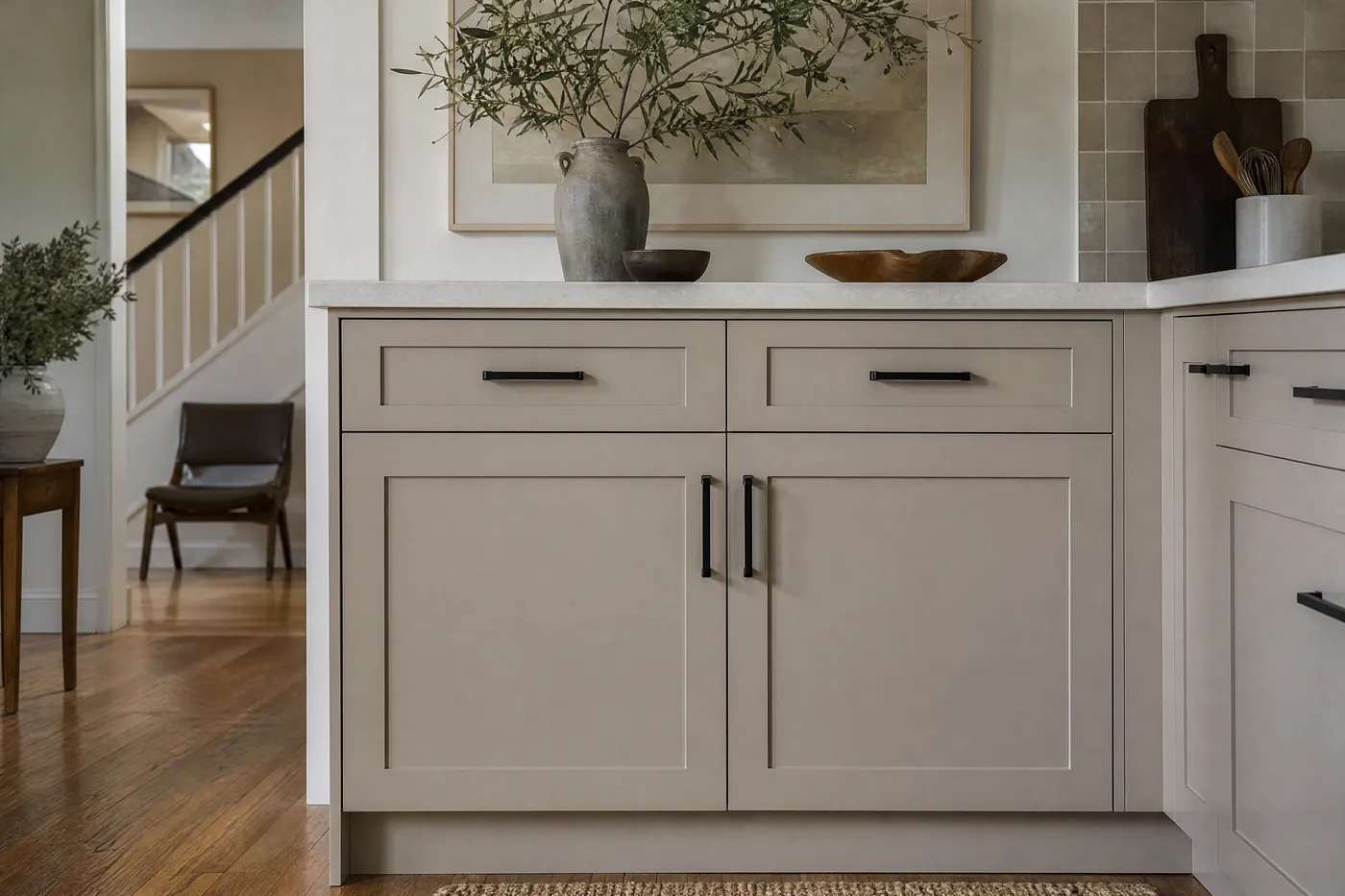 Close detail of freshly painted cabinet doors with a smooth sprayed finish