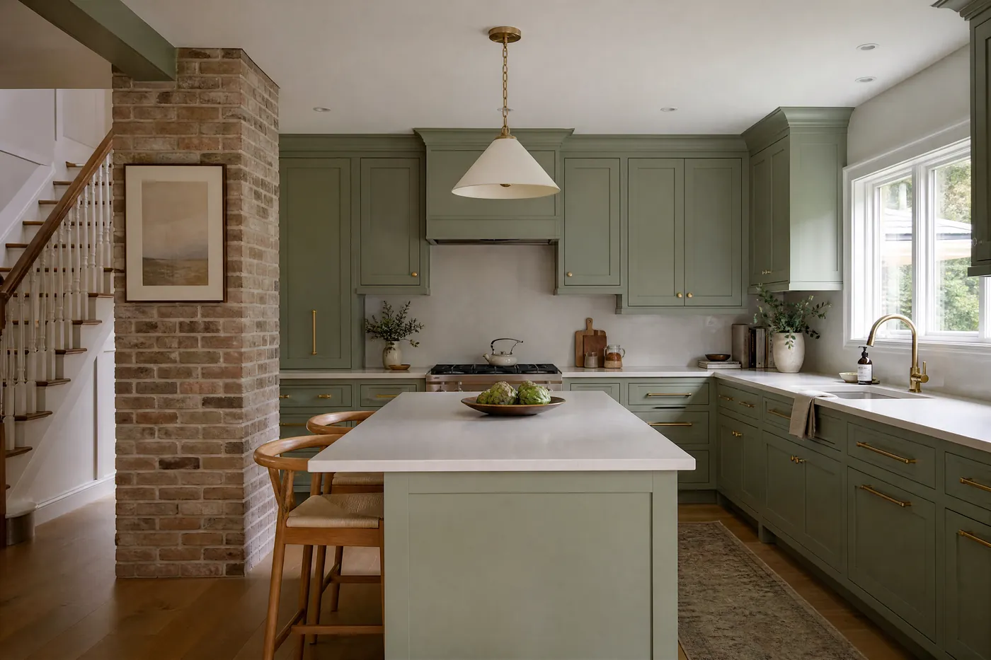 Kitchen with freshly painted sage cabinets and brass hardware