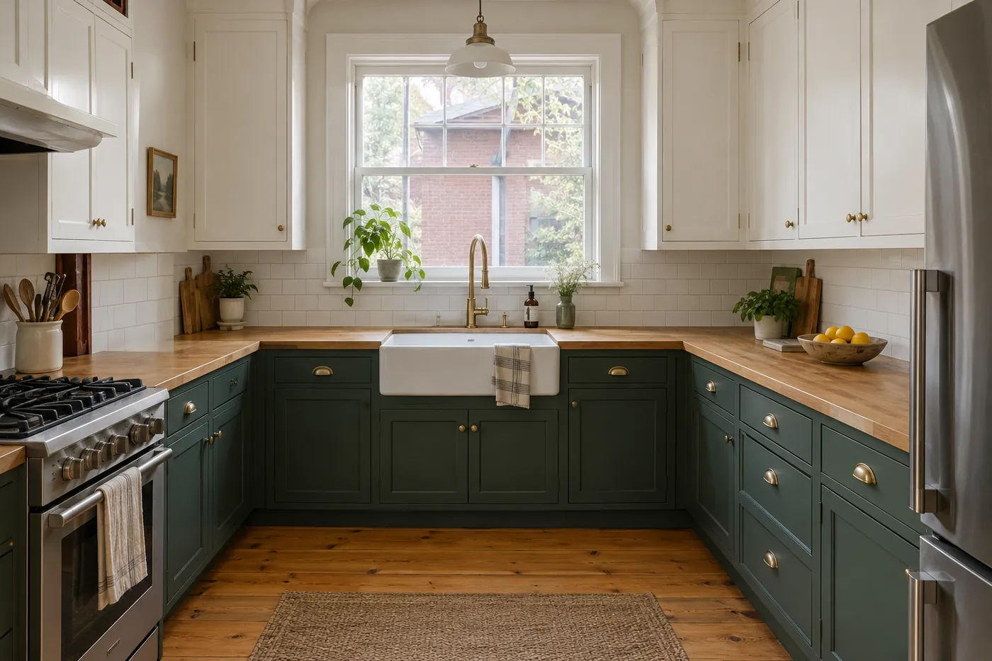 Kitchen with freshly painted white upper and deep green lower cabinets