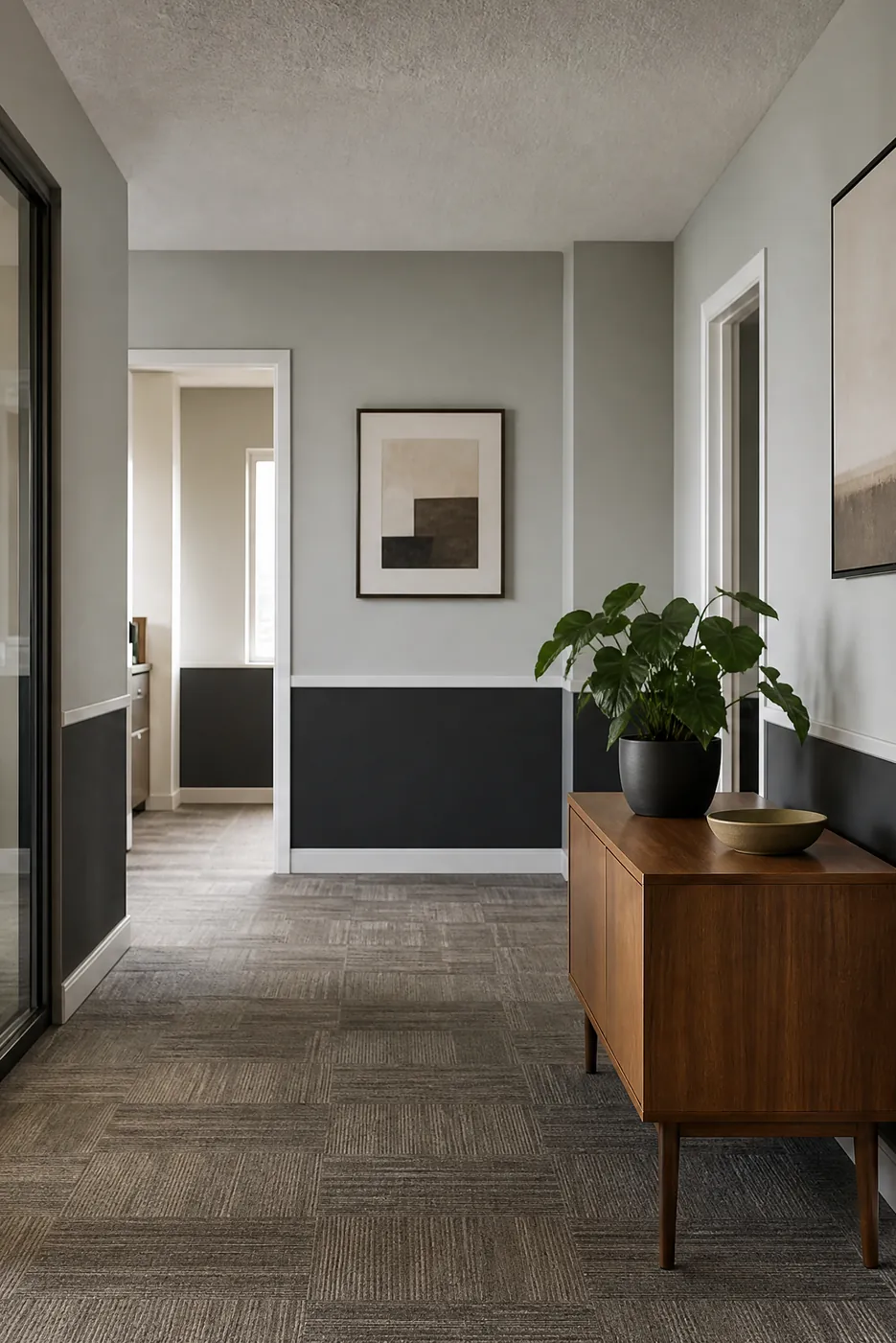 Office corridor freshly painted light grey with white door frames