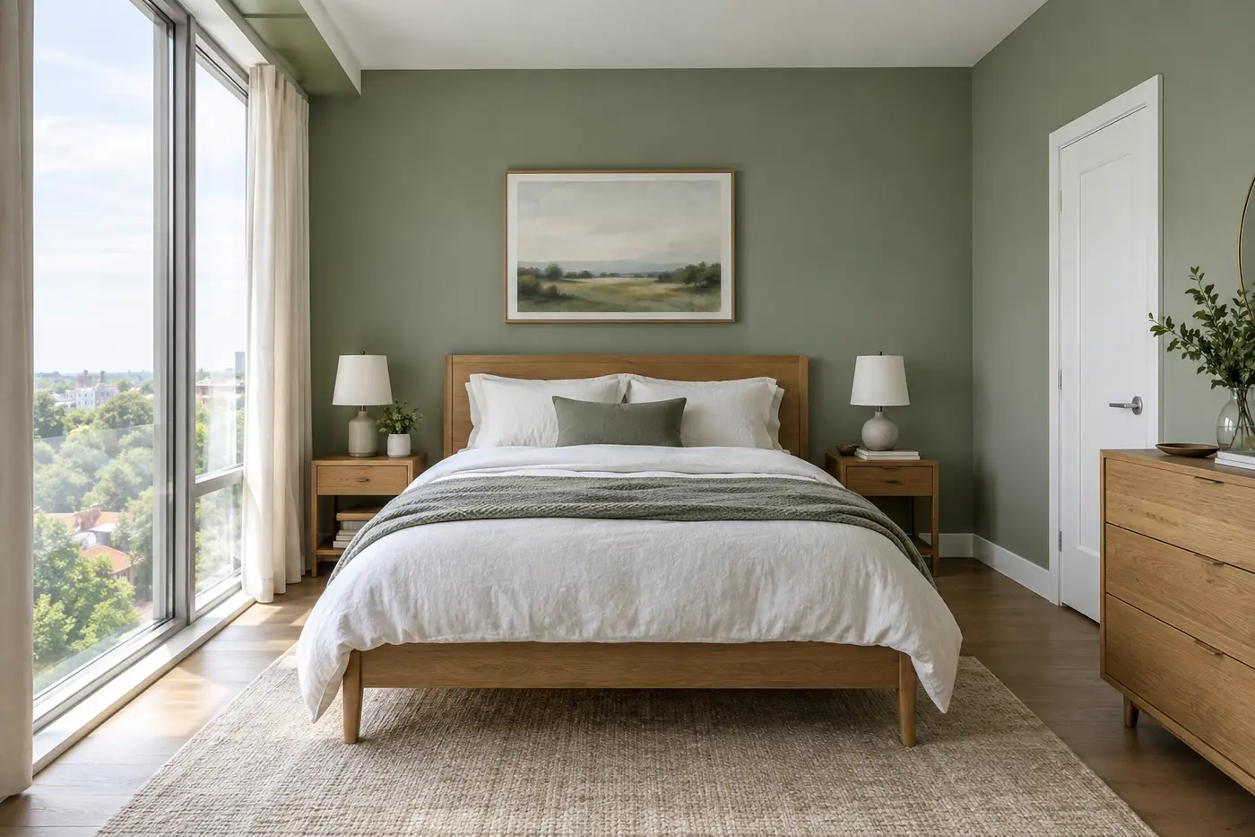 Condo bedroom freshly painted muted sage green