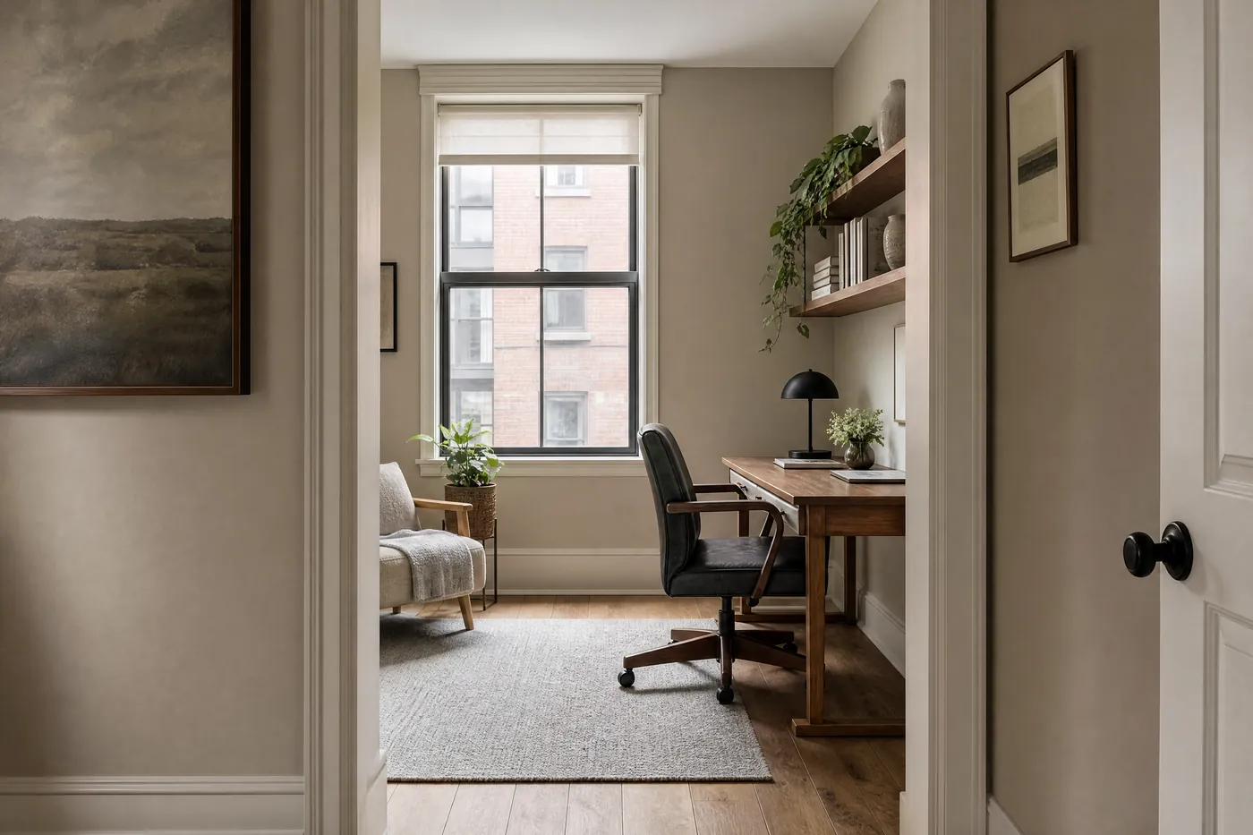 Condo den freshly painted warm greige used as a home office