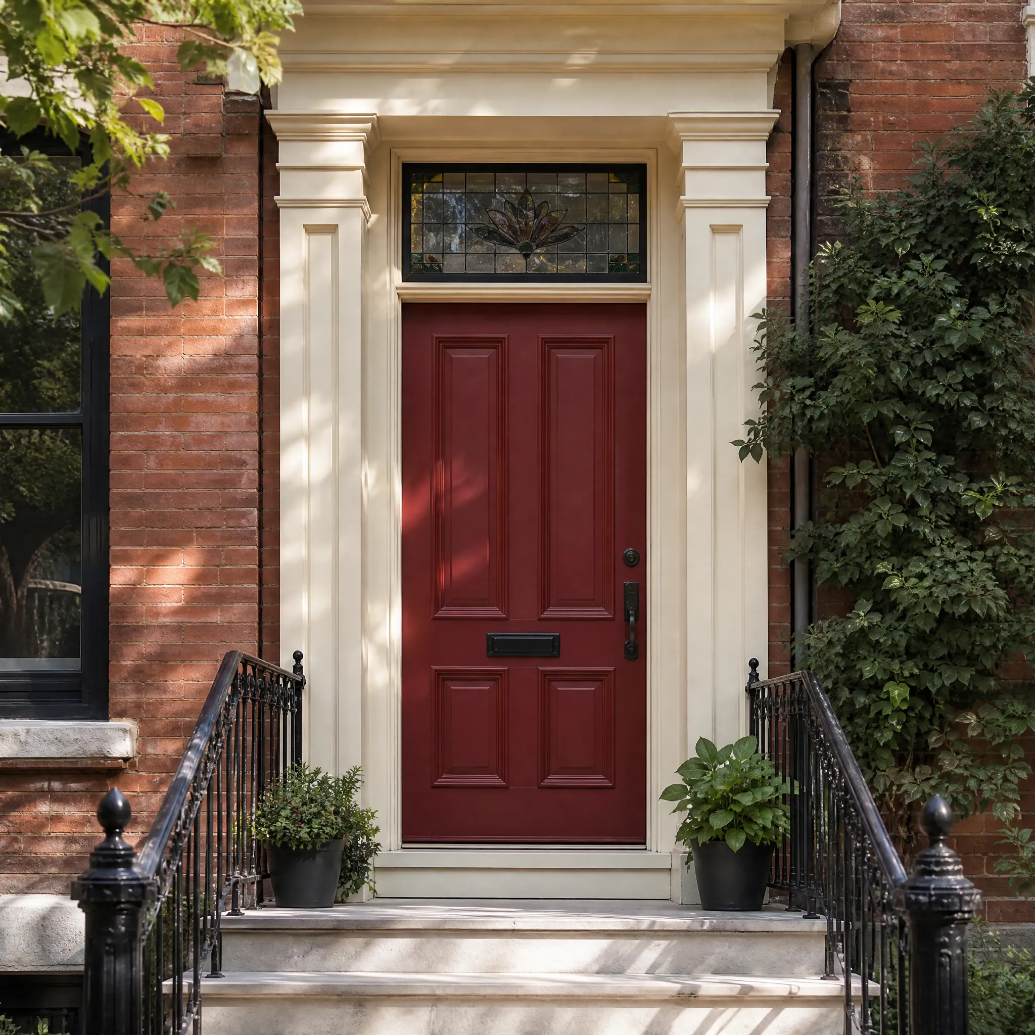 Victorian front door freshly painted oxblood with a stained-glass transom