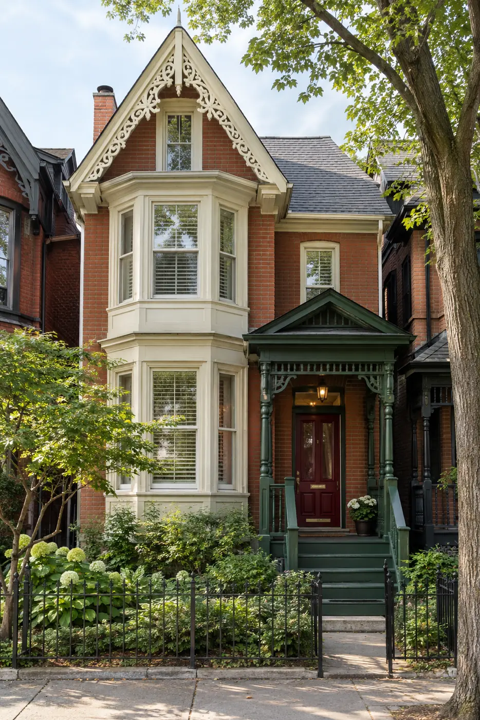 Bay-and-gable brick house with cream gingerbread trim and a green porch
